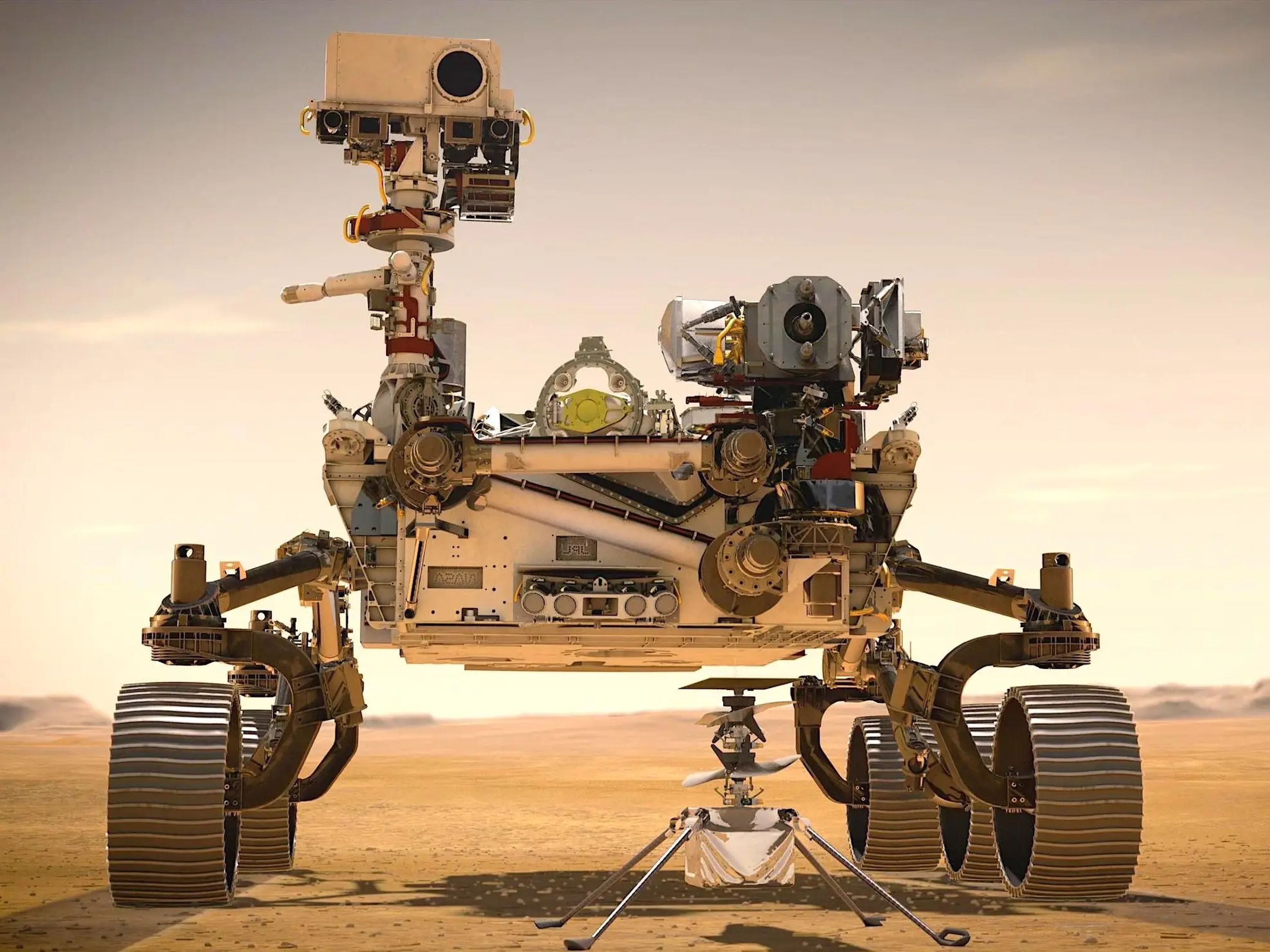 Ilustración de un artista del rover Perseverance de la NASA y del helicóptero Ingenuity en Marte.