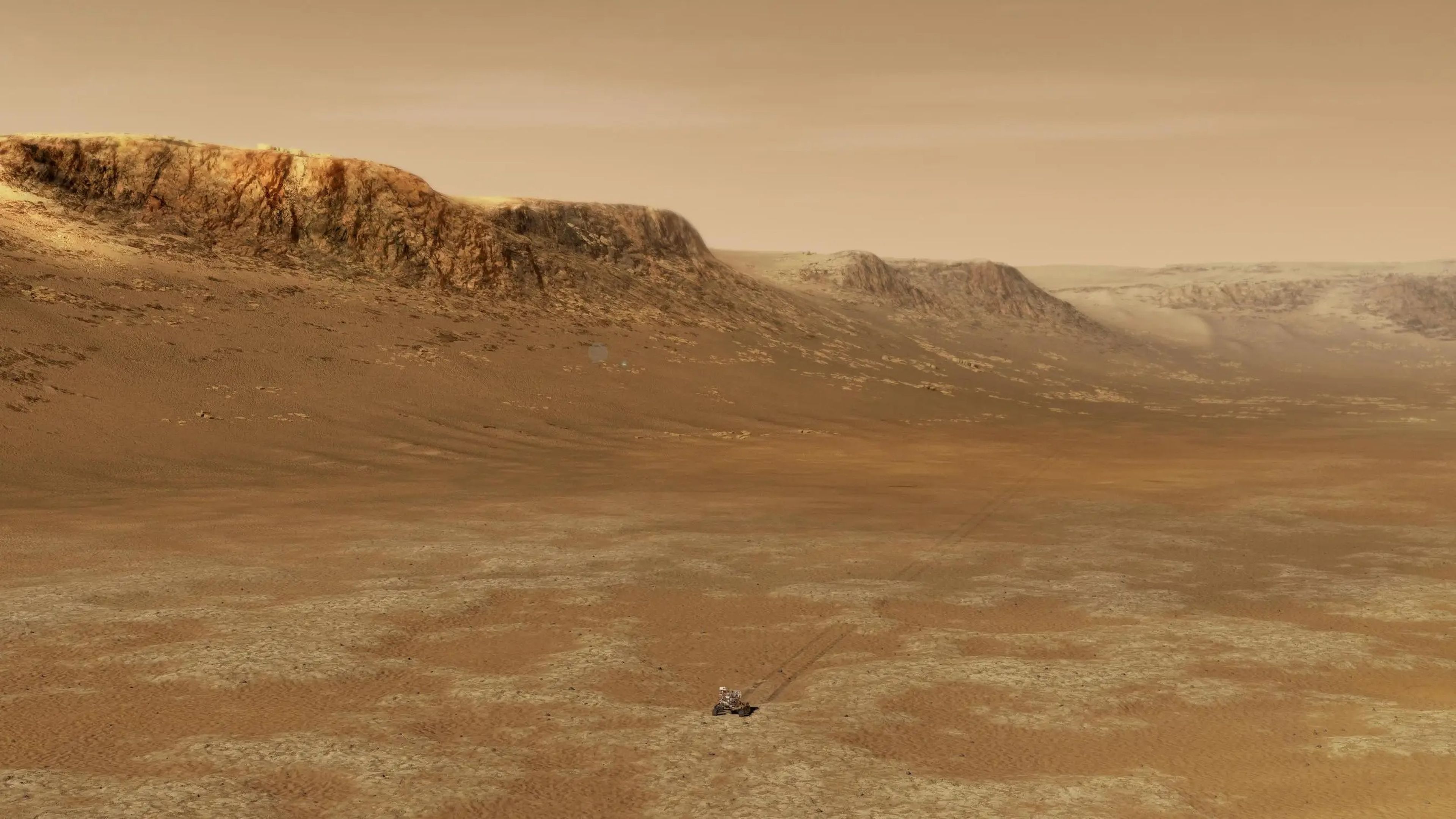 Una ilustración del Perseverance explorando el cráter Jezero de Marte.