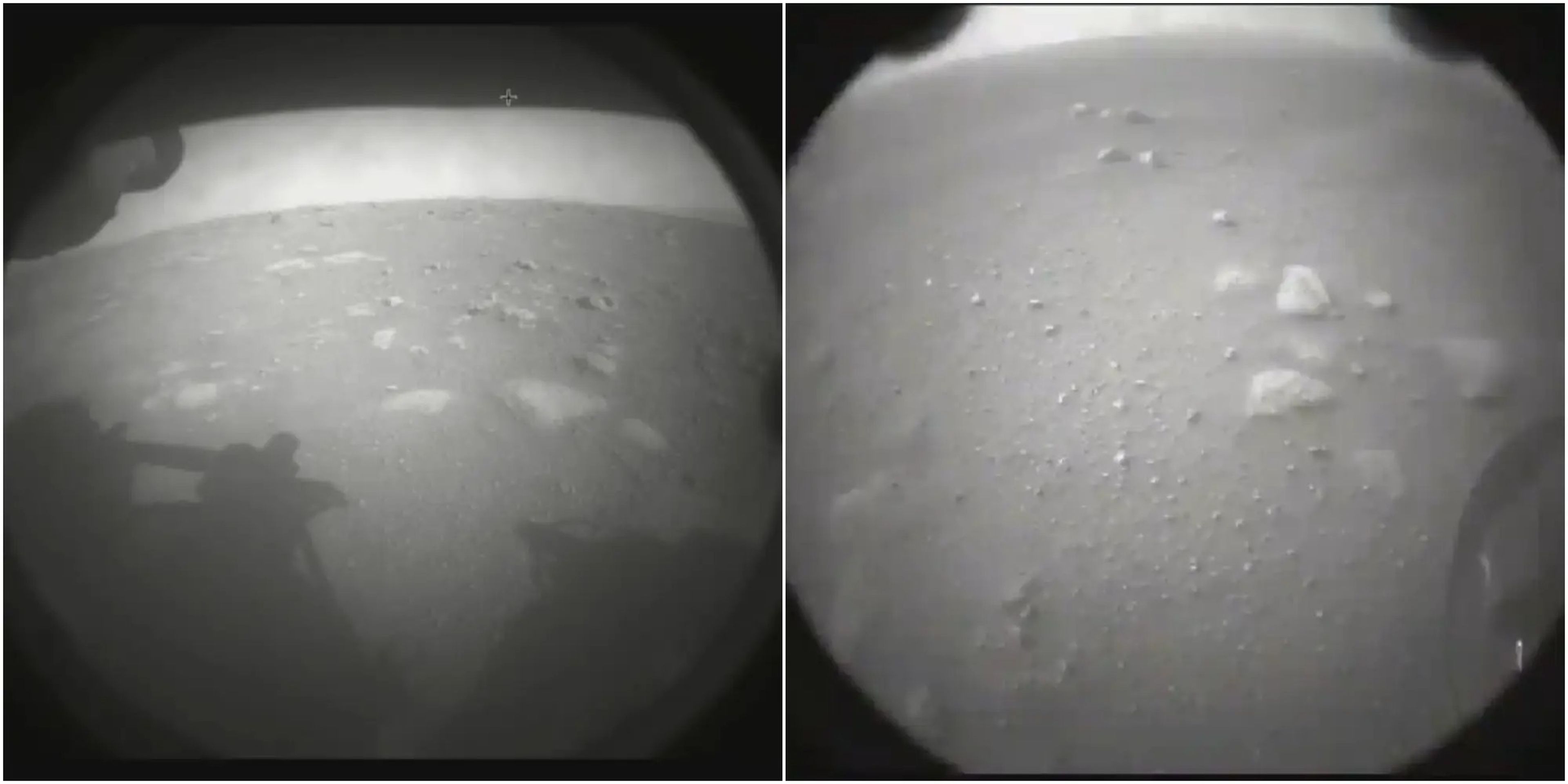 La primera (izquierda) y la segunda (derecha) imagen que tomó el Perseverance, segundos después de aterrizar en Marte, el 18 de febrero de 2021.