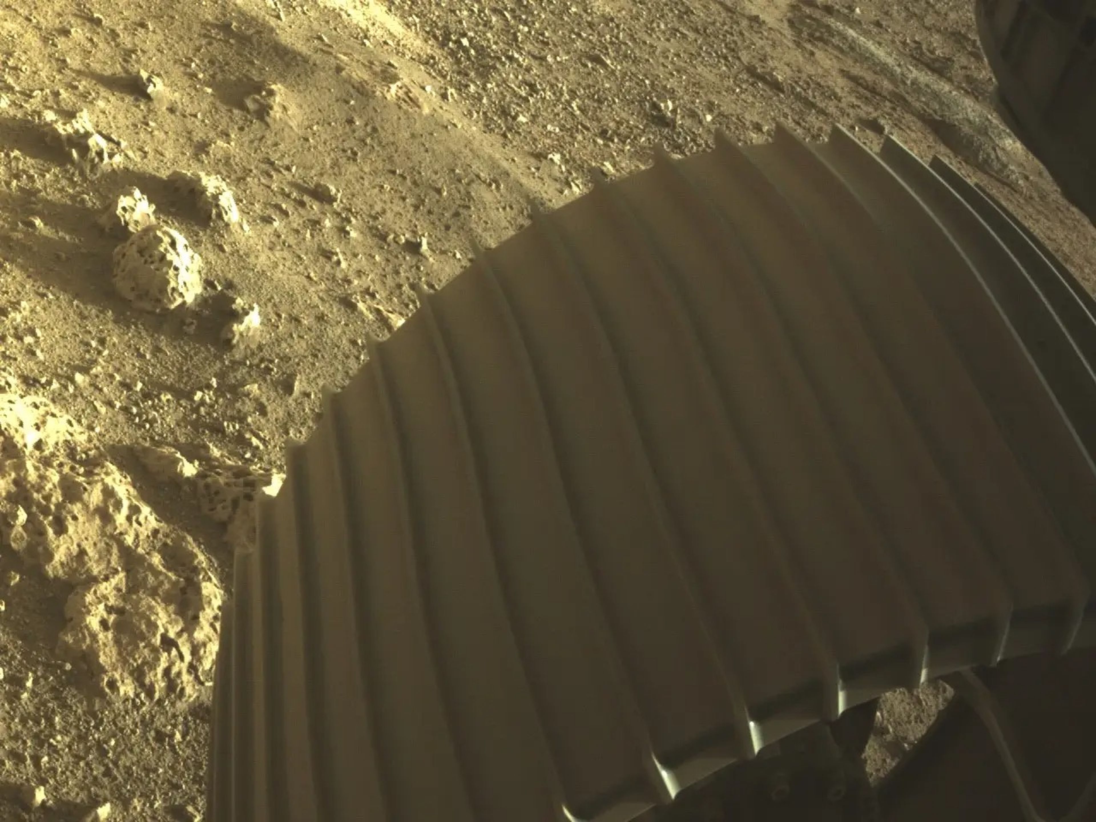 Una de las cámaras de peligro en color del Perseverance (Hazcams) capturó esta imagen de una de las 6 ruedas de aluminio del rover, después de su aterrizaje el 18 de febrero de 2021.