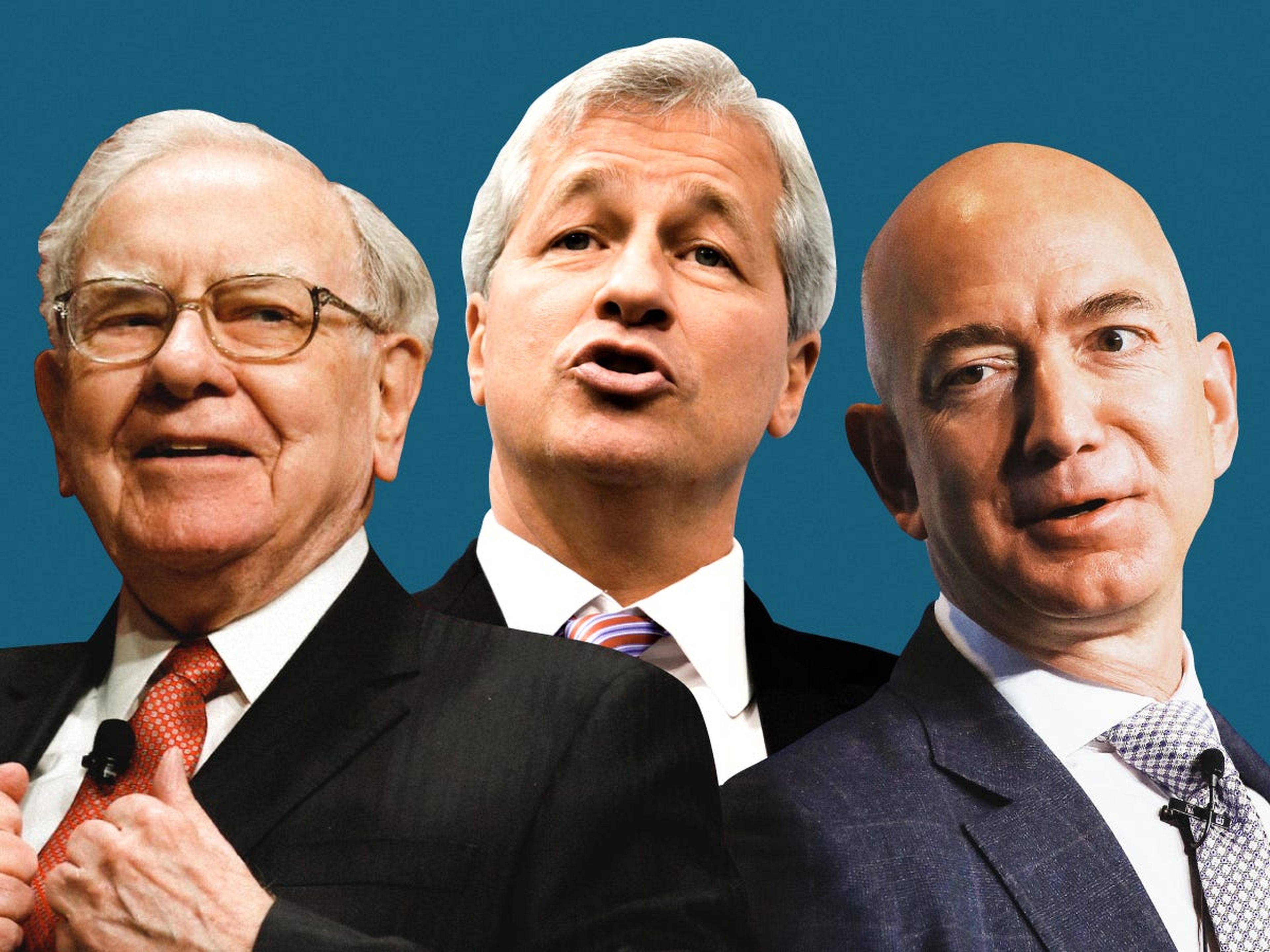 De izquierda a derecha: Warren Buffett, consejero delegado de Berkshire Hathaway, Jamie Dimon, consejero delegado de JPMorgan, y Jeff Bezos, consejero delegado de Amazon.