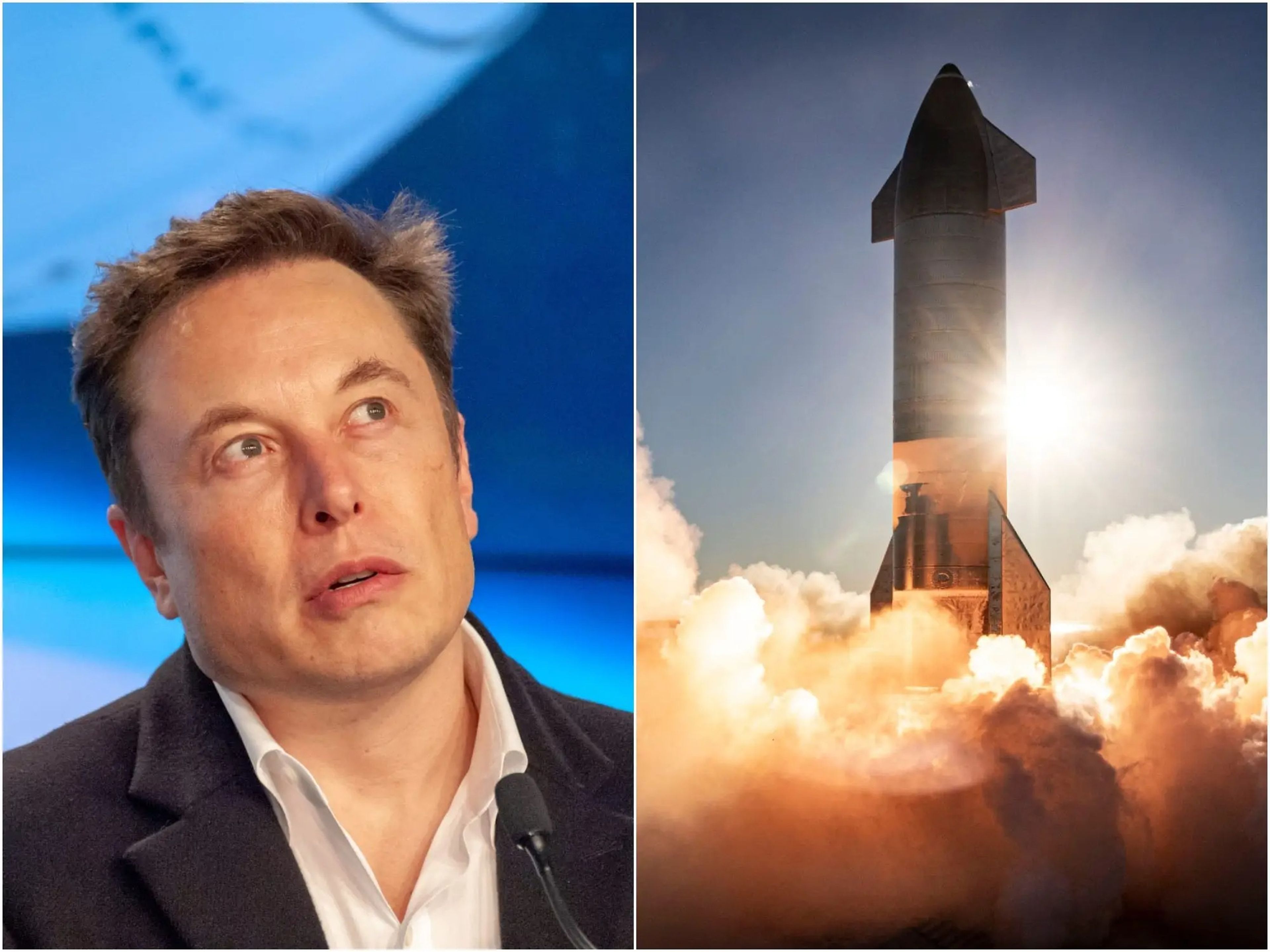 A la izquierda, el fundador de SpaceX, Elon Musk, en una conferencia de prensa el 2 de marzo de 2019; a la derecha, lanzamiento del prototipo del cohete número 8 Starship de SpaceX, desde una plataforma en Boca Chica, Texas, el 9 de diciembre de 2020.