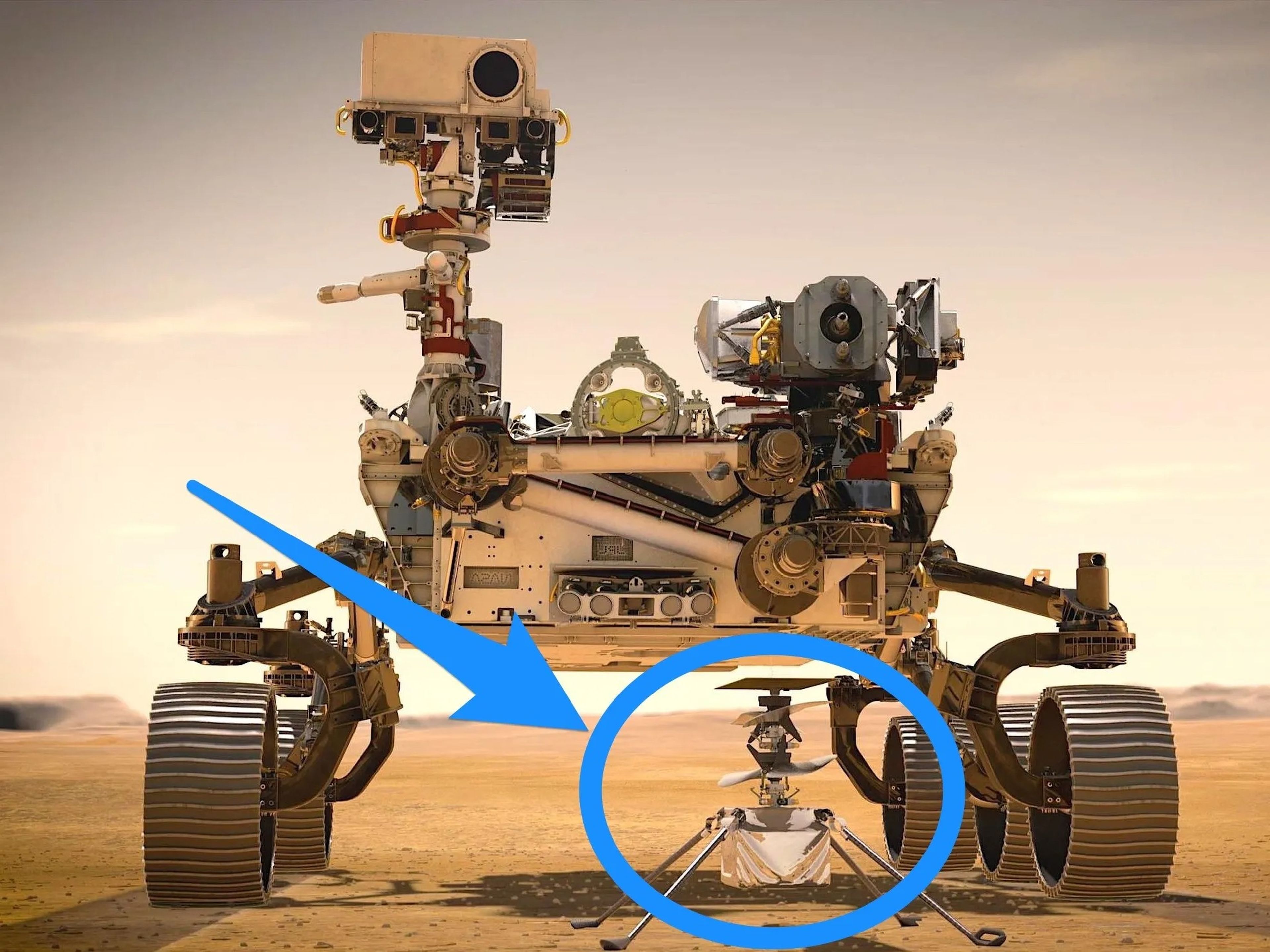 Ilustración de un artista que muestra el rover Perseverance de la NASA y el helicóptero Ingenuity, en Marte.