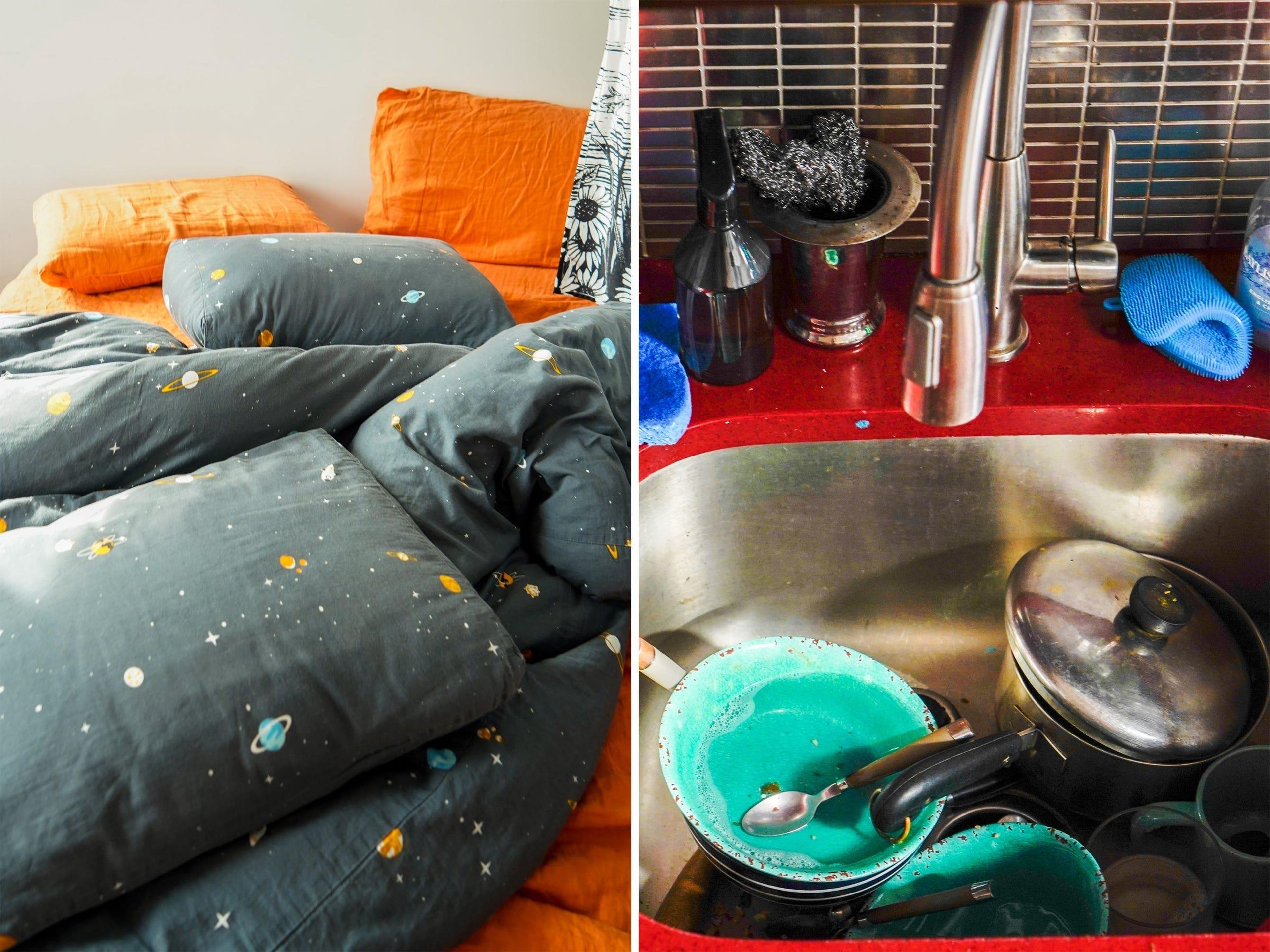 Una cama deshecha o un fregadero lleno de platos.