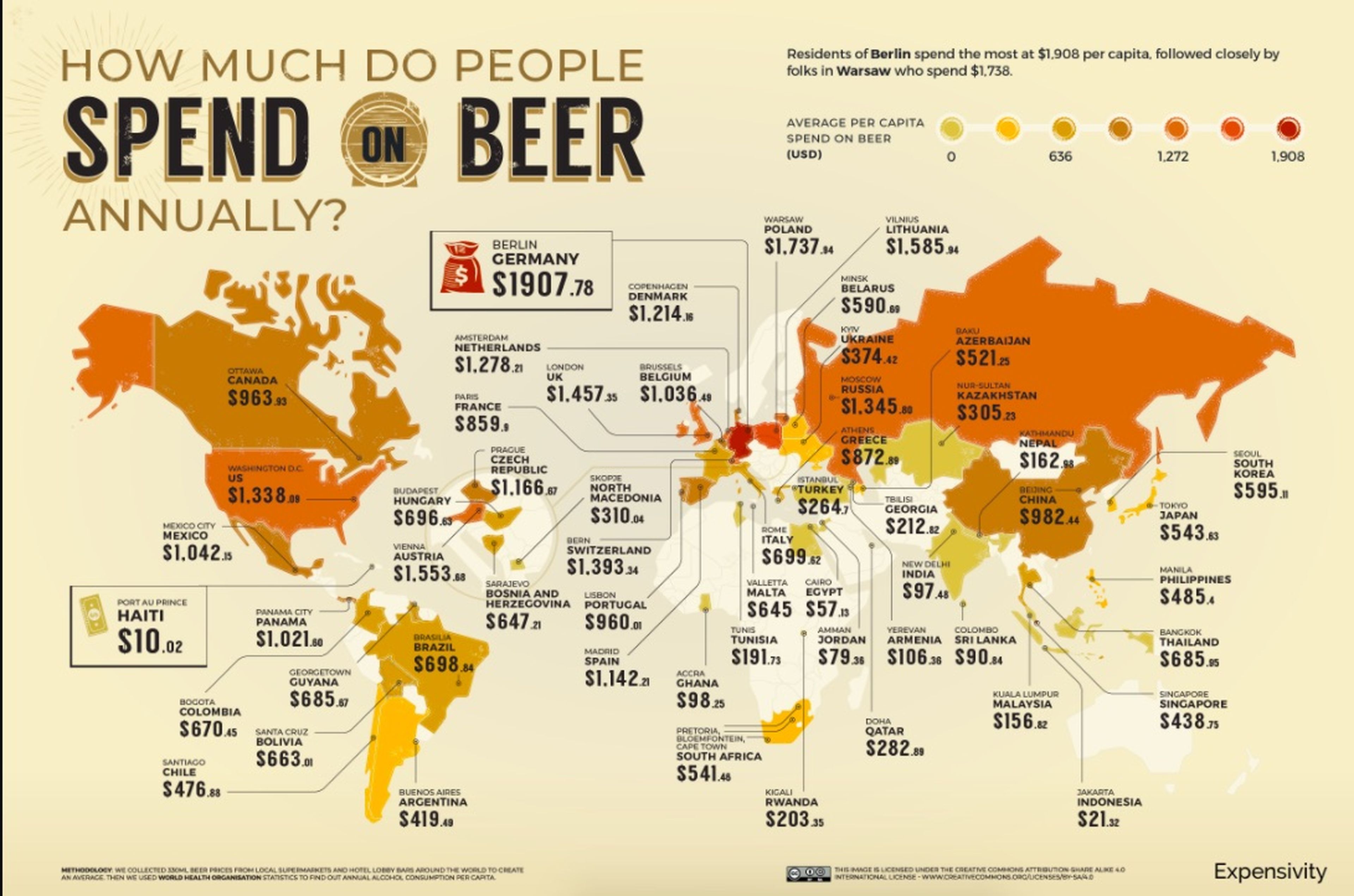 Gasto per cápita de los 58 países del mapa en cerveza.