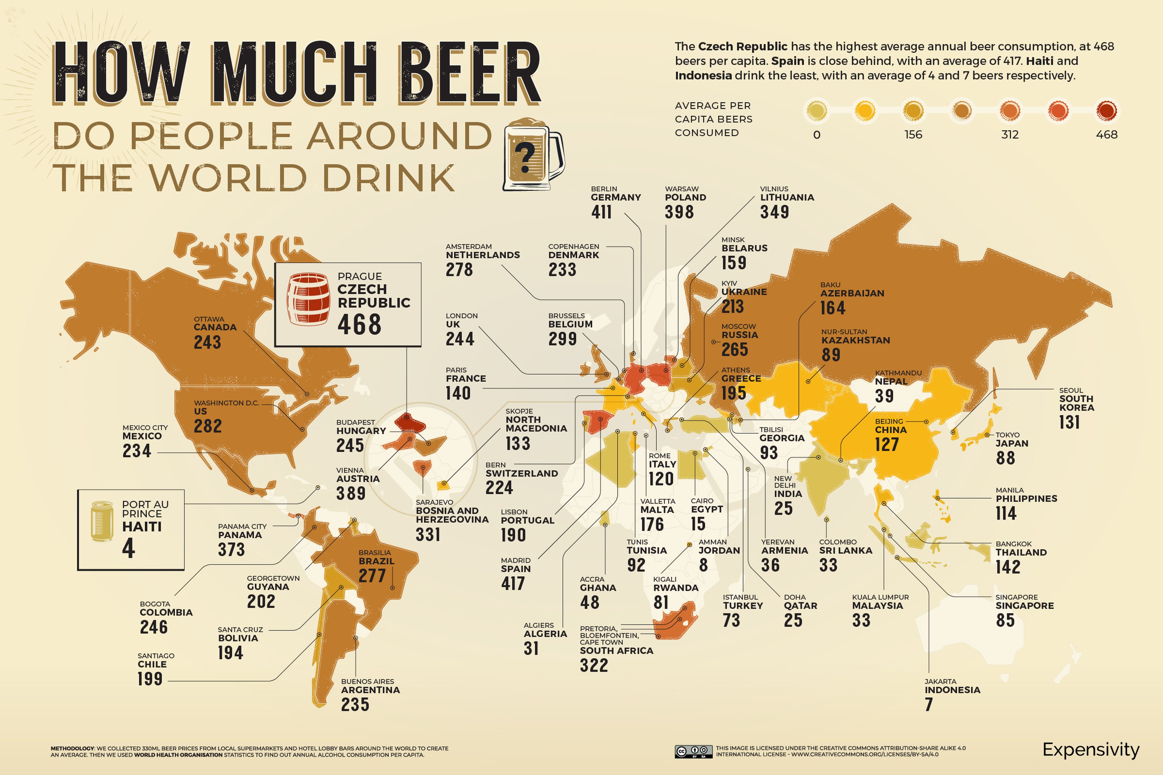 El mapa muestra cuántas cervezas se beben de media al año por persona en los 58 países indicados.