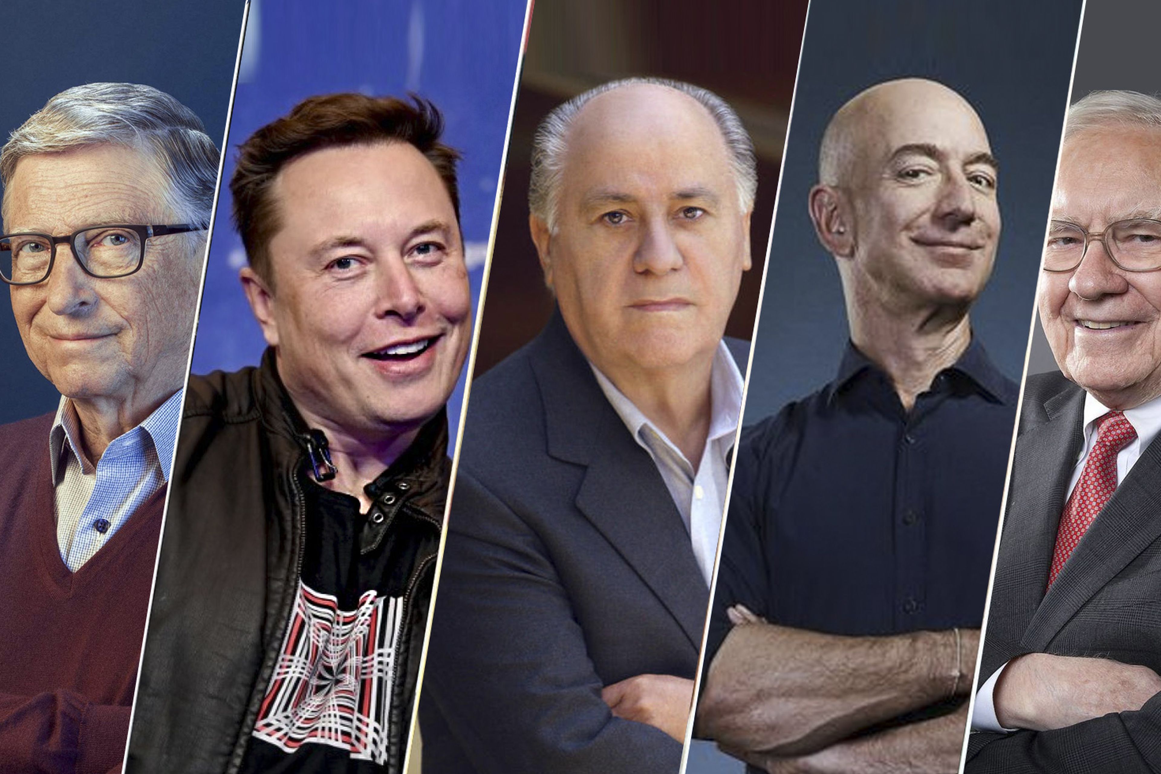 De izq a dcha: Bill Gates, Elon Musk, Amancio Ortega, Jeff Bezos y Warren Buffett
