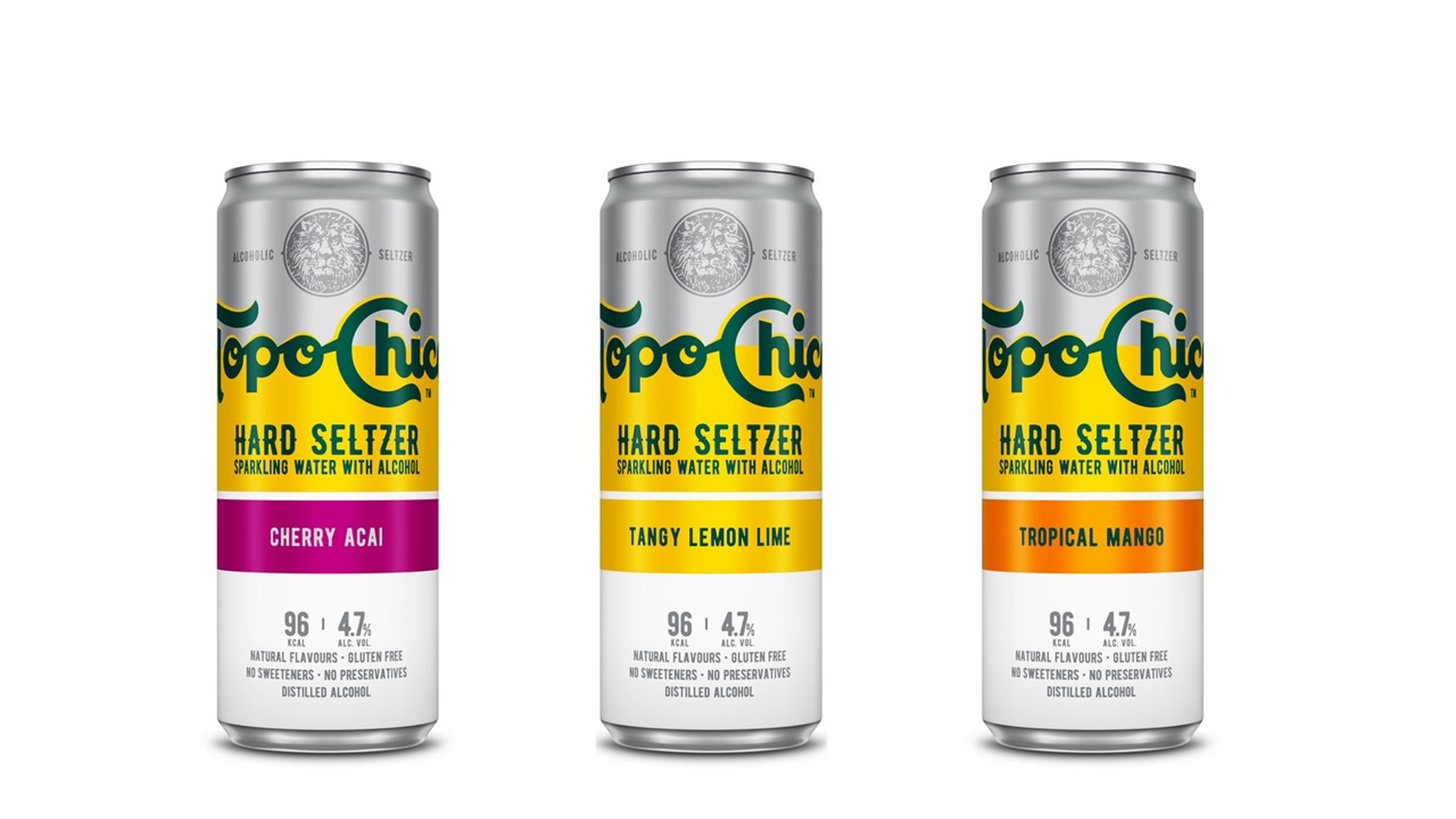 Topo Chico Hard Seltzer estará disponible en botellas de 33 cl y en 3 sabores efervescentes: Lima-limón, Cherry Açai y Tropical Mango.