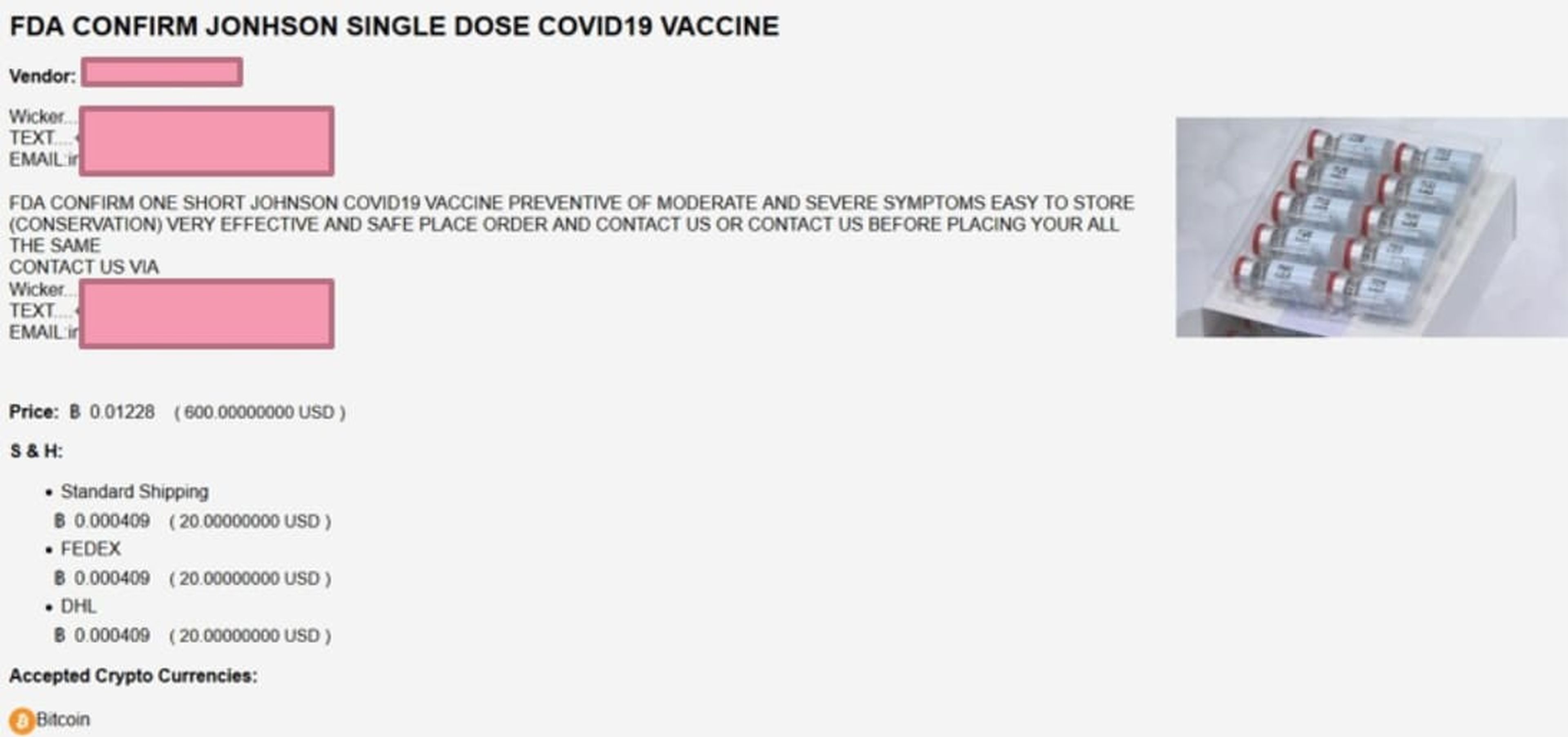 Vacunas falsas a la venta en la dark web.