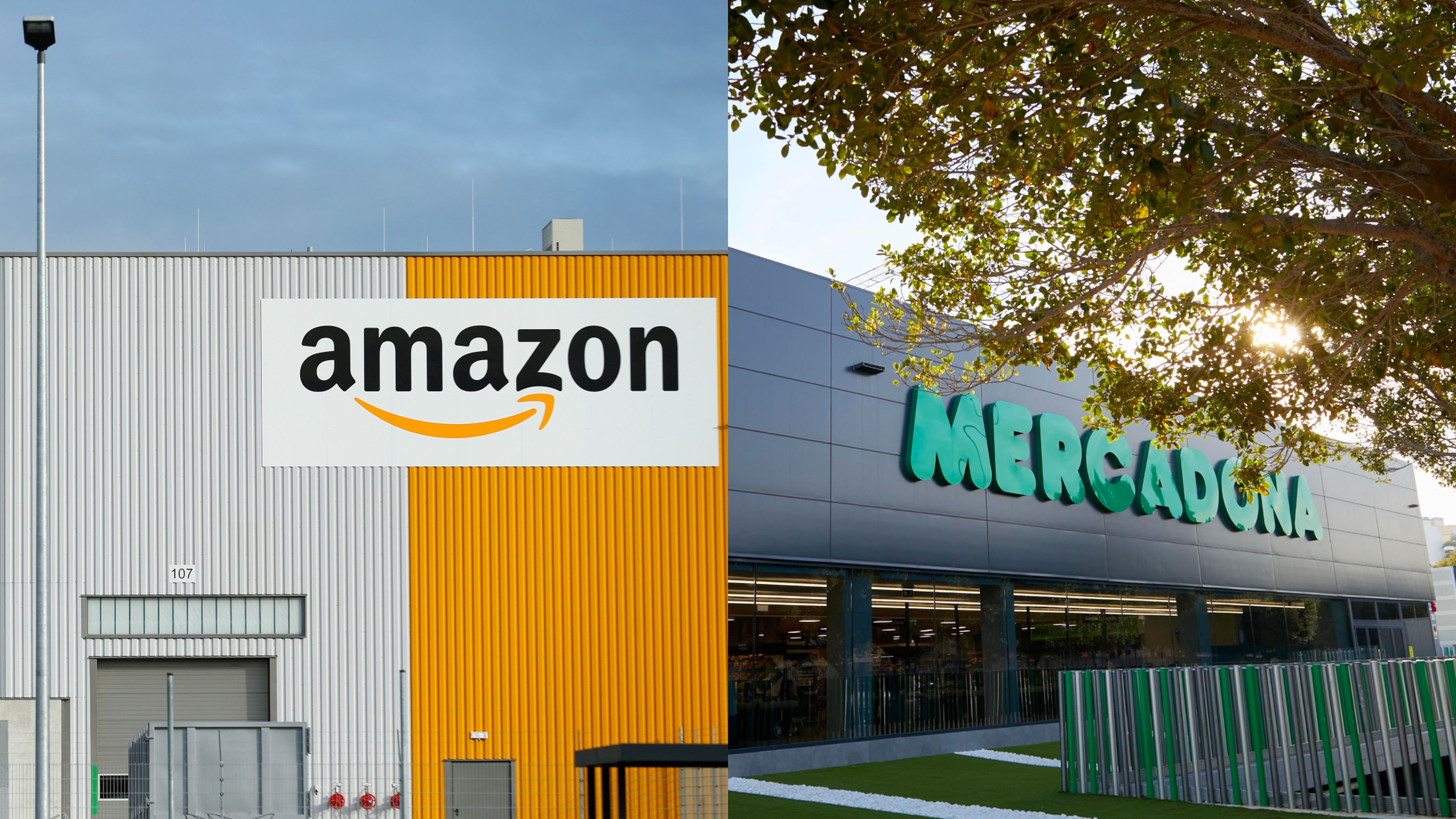 Un almacén de Amazon y un supermercado de Mercadona