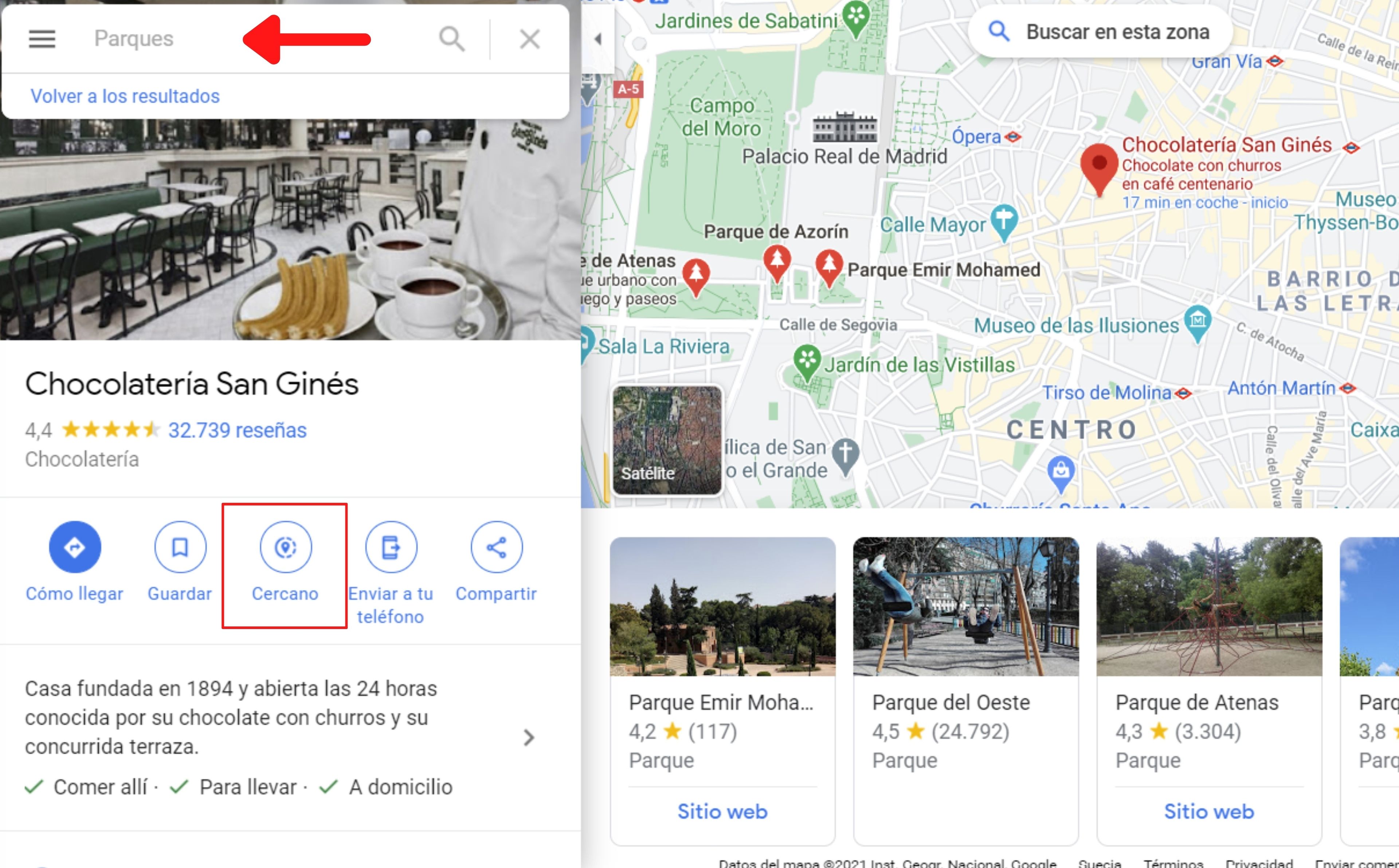 Buscar parques en el Google Maps con las opciones 'Explorar' y 'Cerca'.