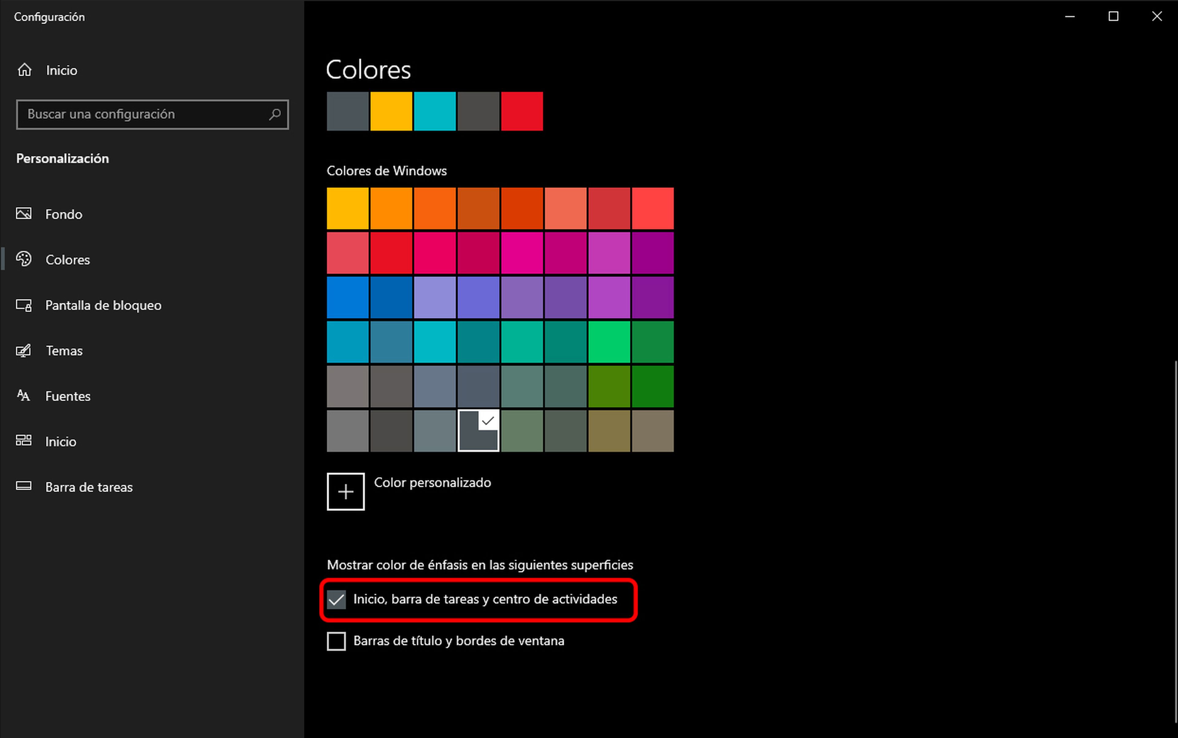 Colores menu de inicio windows