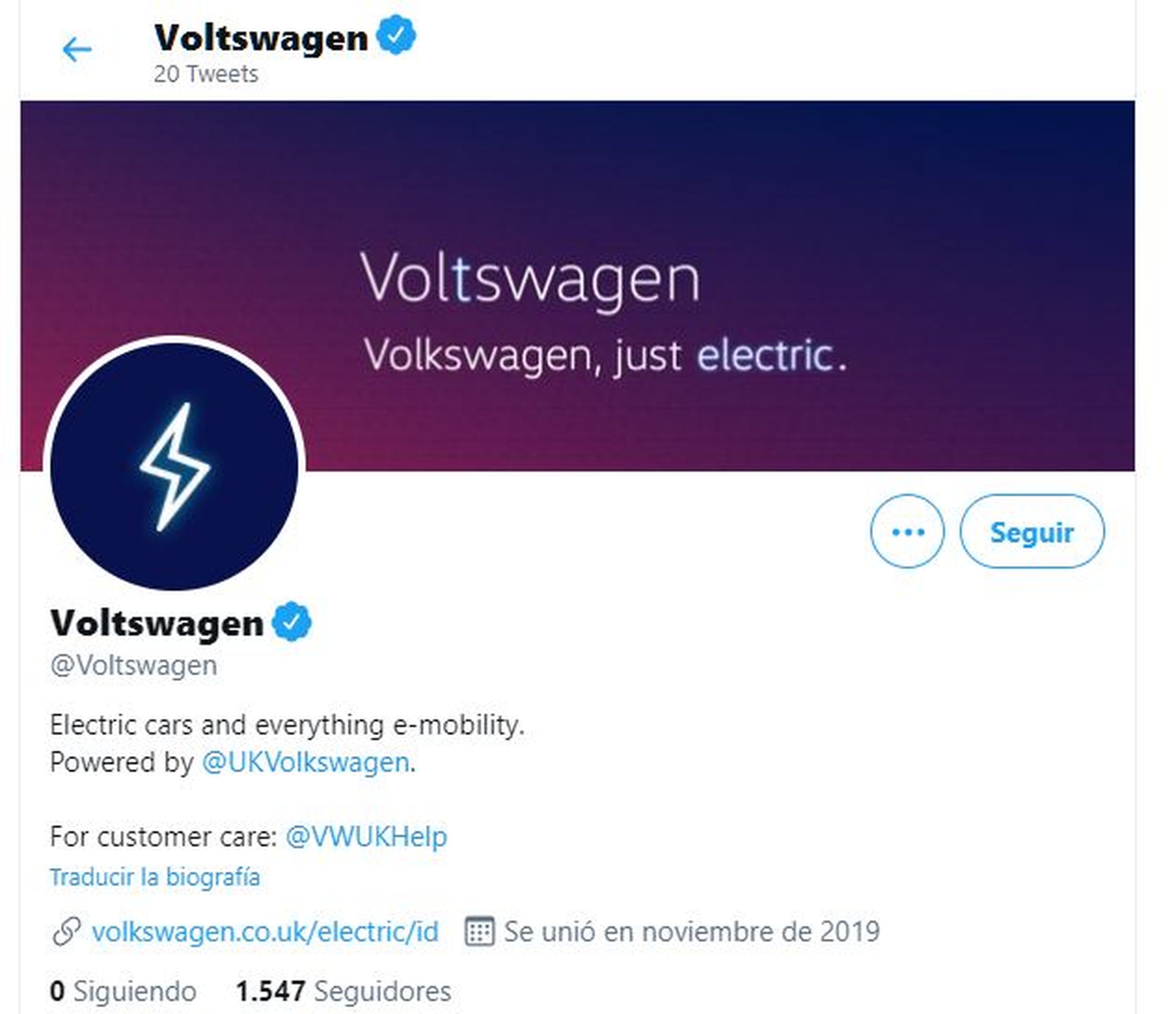 Cuenta @Voltswagen en Twitter, creada por la filial británica de Volkswagen