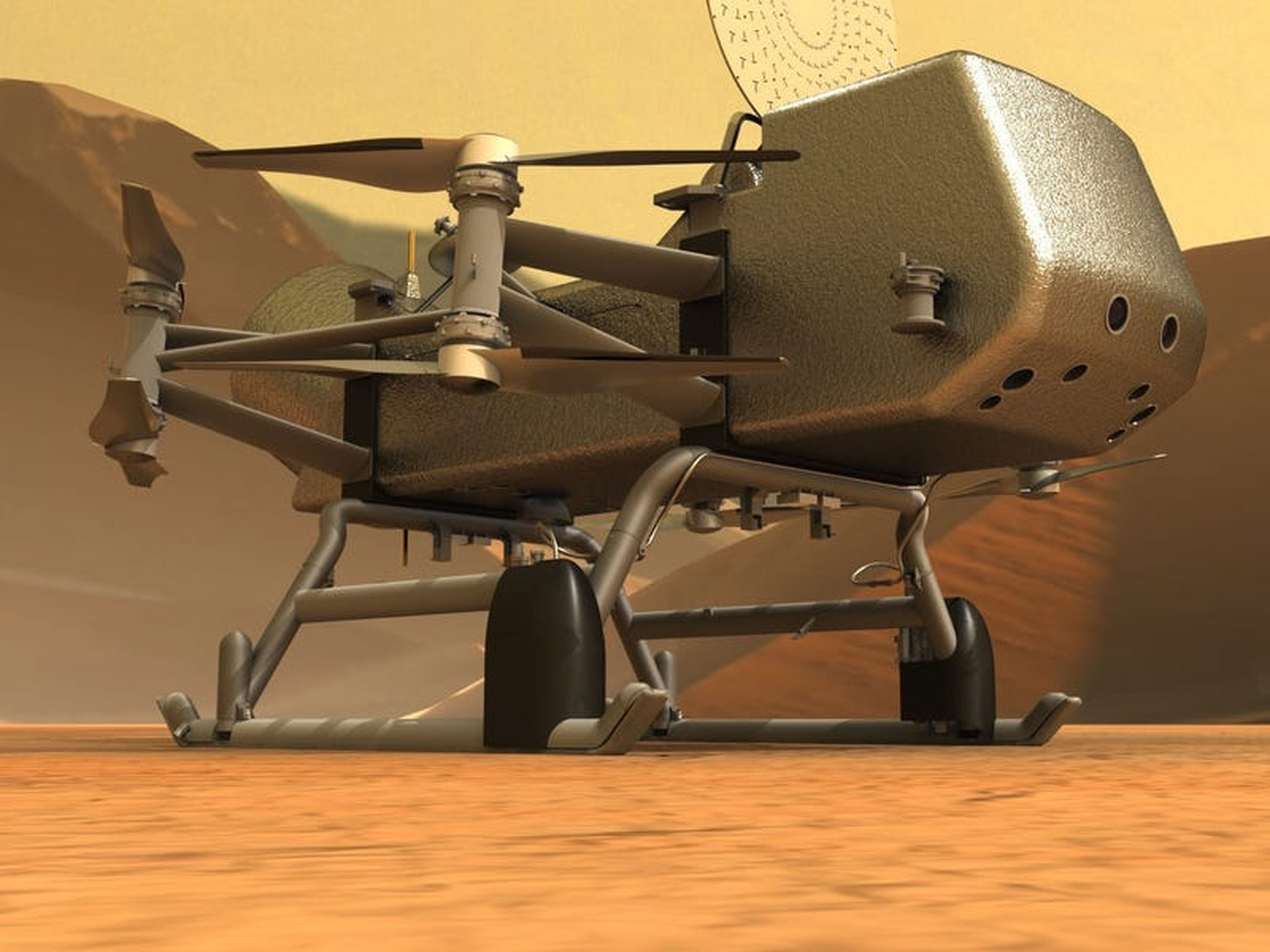 Ilustración del helicóptero Dragonfly sobre la superficie de Titán.