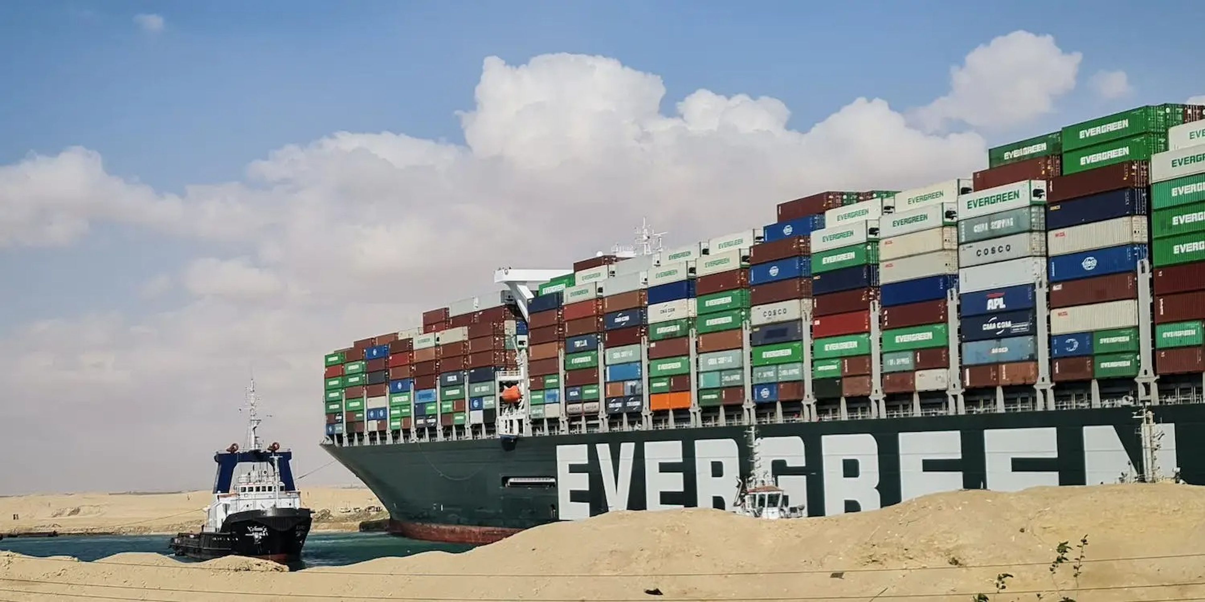 The Ever Given, a Panama-flagged cargo ship, is seen in the Suez Canal in Egypt, on March 27, 2021.