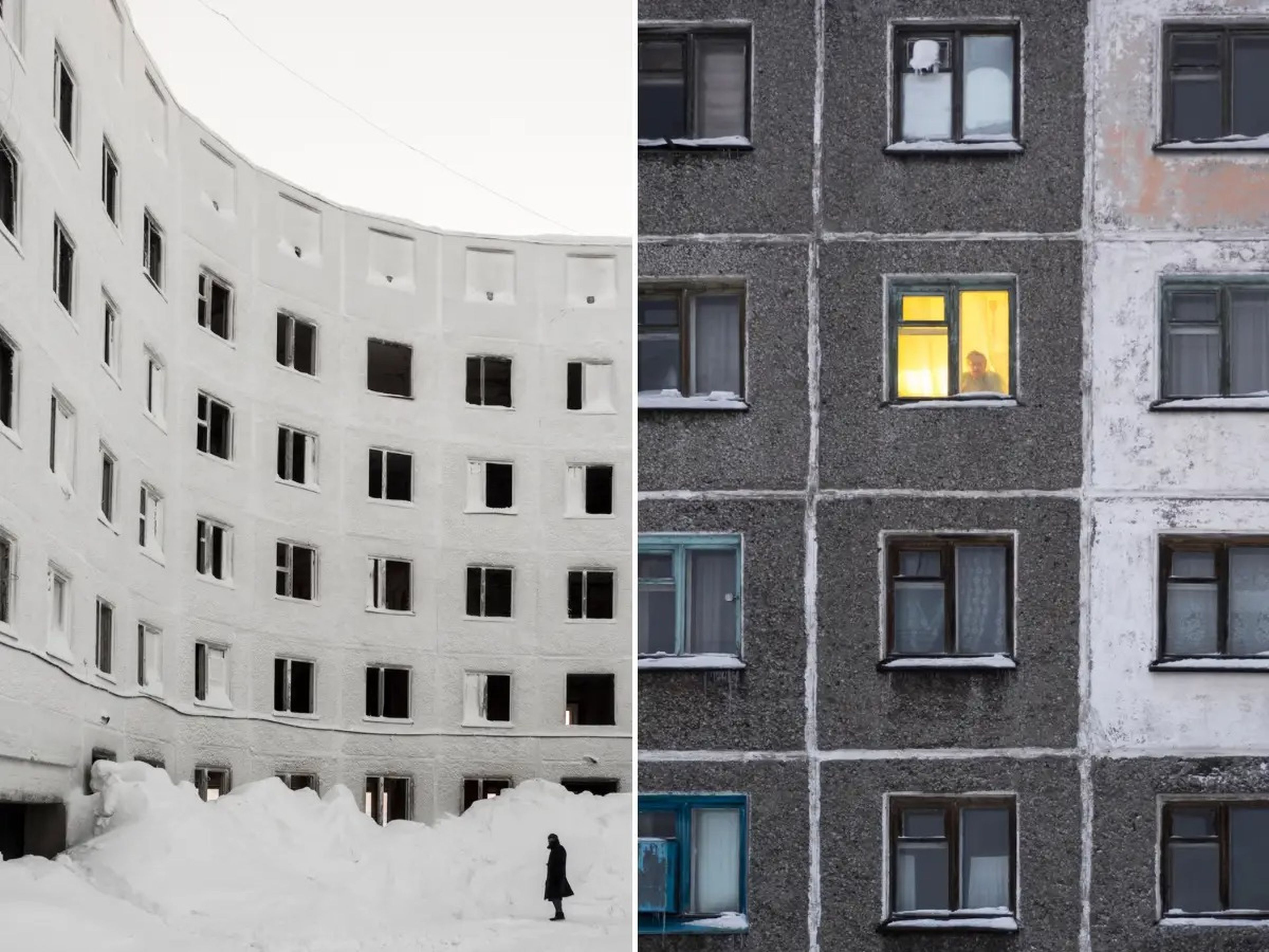 La fotógrafa contó que todavía hay personas que viven en estos edificios abandonados en las afueras de Vorkuta, Rusia.