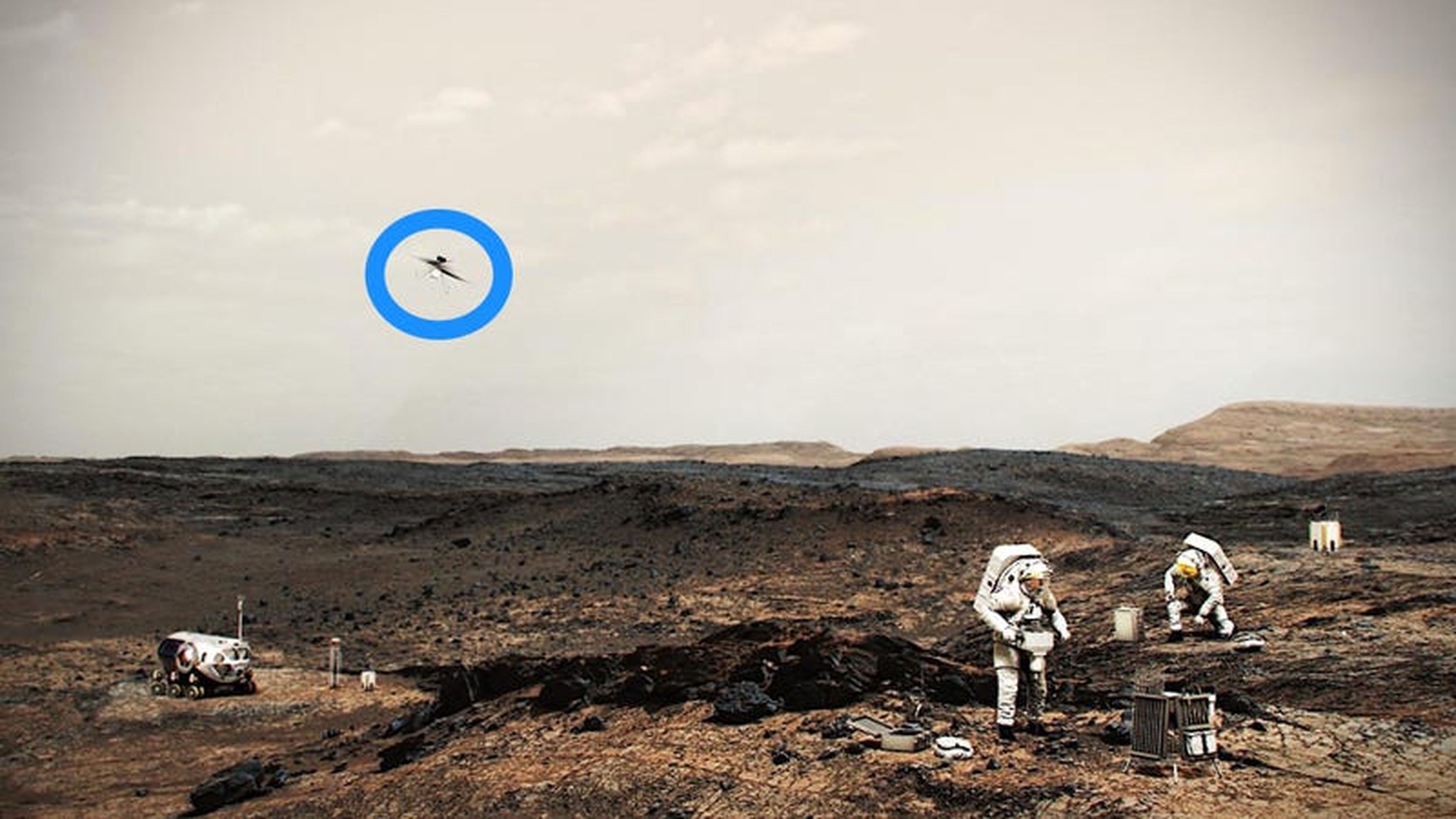 Ilustración de astronautas de la NASA trabajando en la superficie de Marte, con un helicóptero del mismo tipo que Ingenuity volando hacia la izquierda.