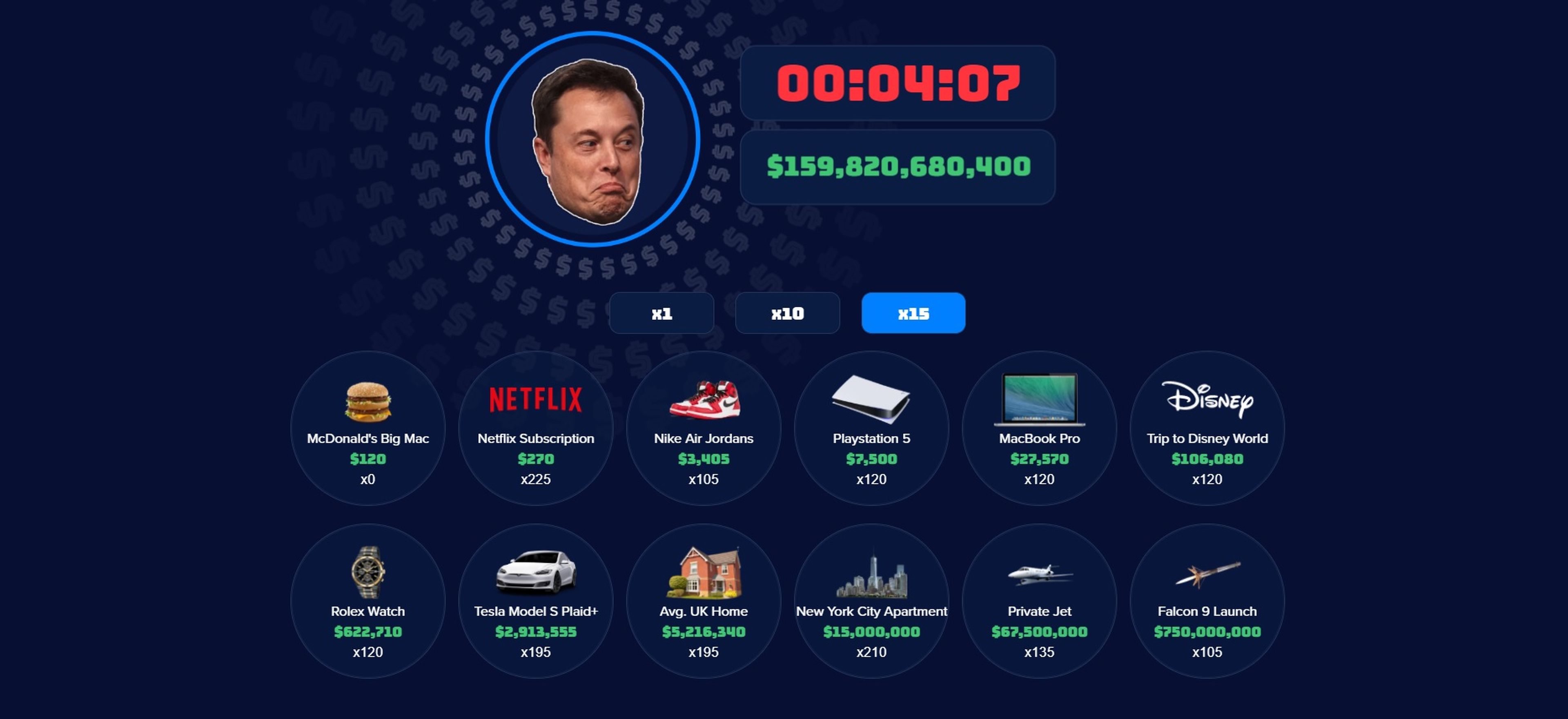 Imagen del juego que te permite gastar la fortuna de Elon Musk en 30 segundos.