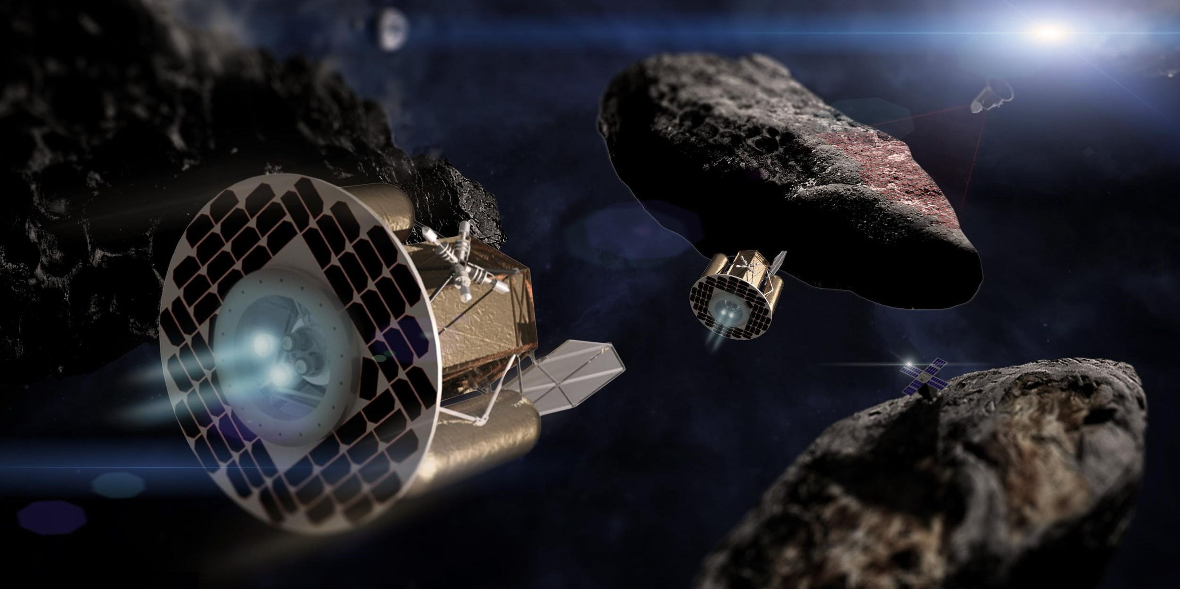 Un diseño artístico muestra la nave espacial Arkyd de Planetary Resources prospectando un pequeño grupo de asteroides.