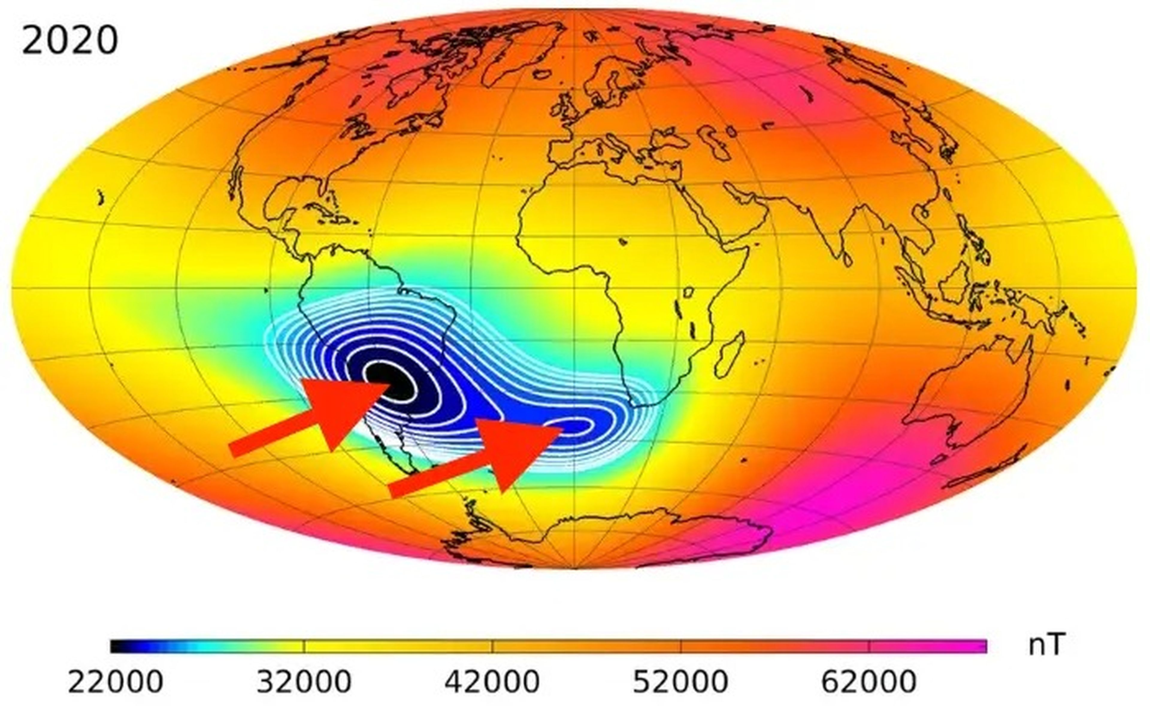 Así es la fuerza de los campos magnéticos de la Tierra, según los satélites de la ESA; en azul, el punto más débil de estos.