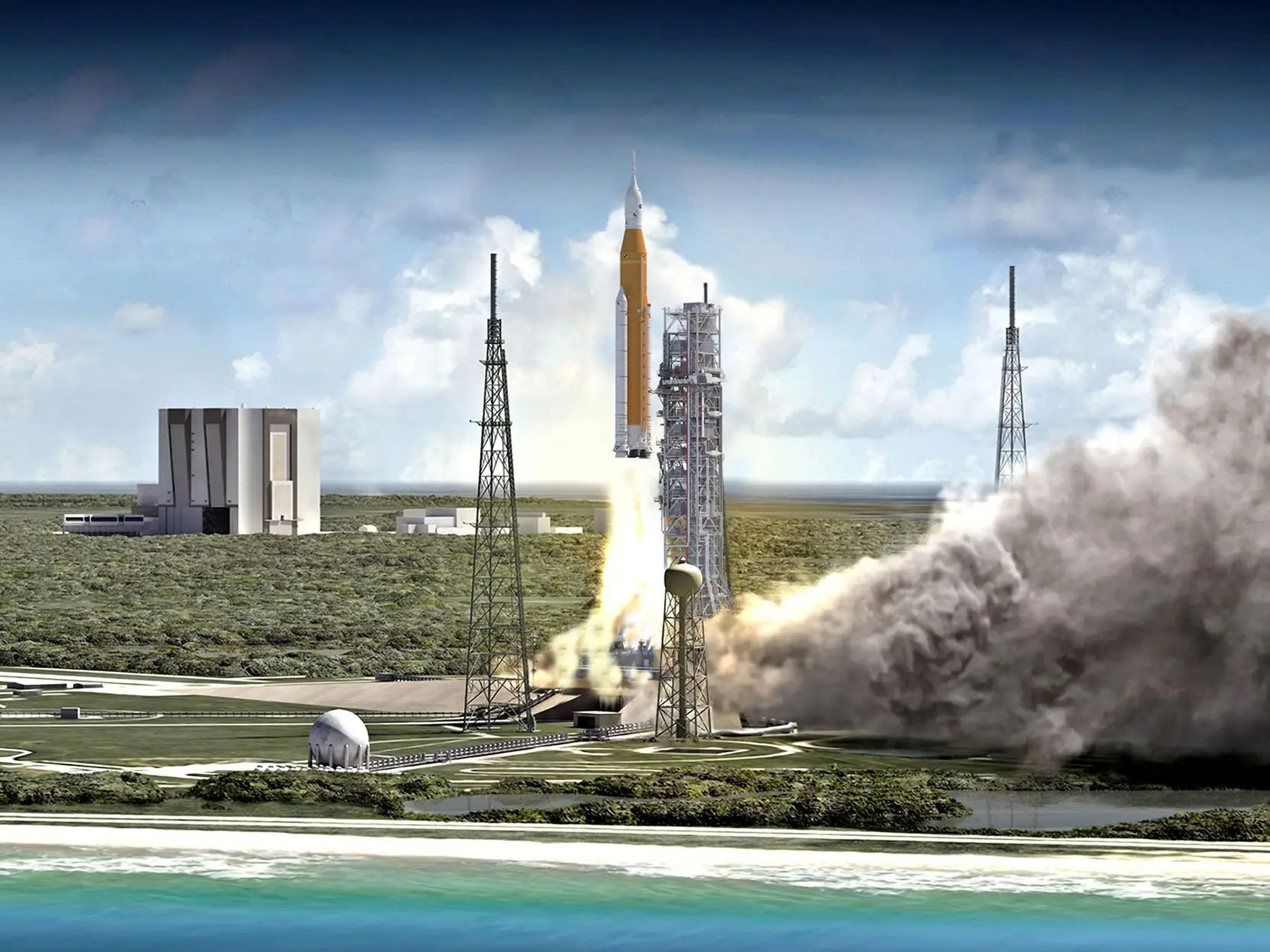 Representación artística del cohete Space Launch System despegando del Centro Espacial Kennedy de la NASA en Florida.