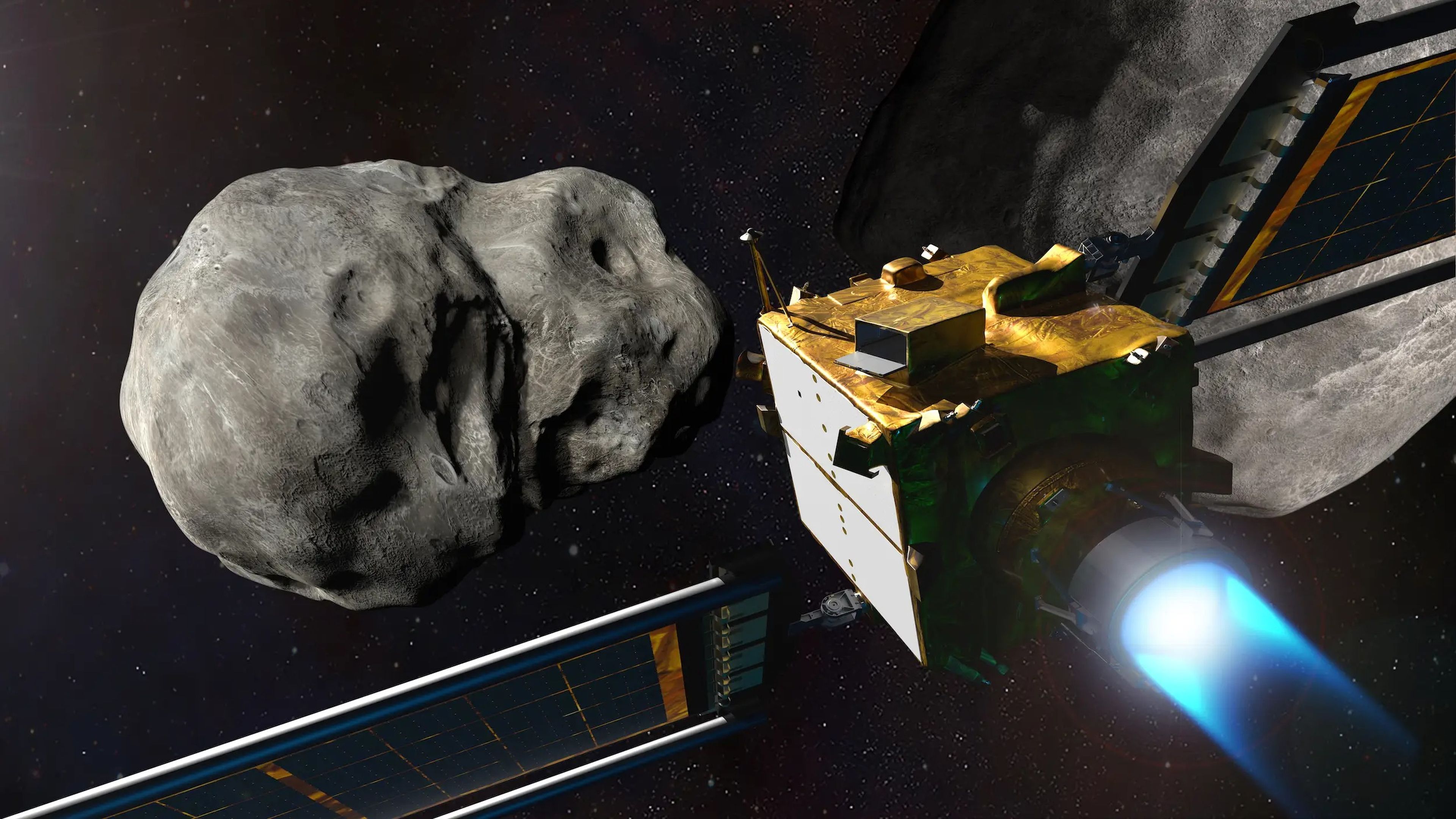 Una ilustración de la nave espacial DART cerca de un asteroide.
