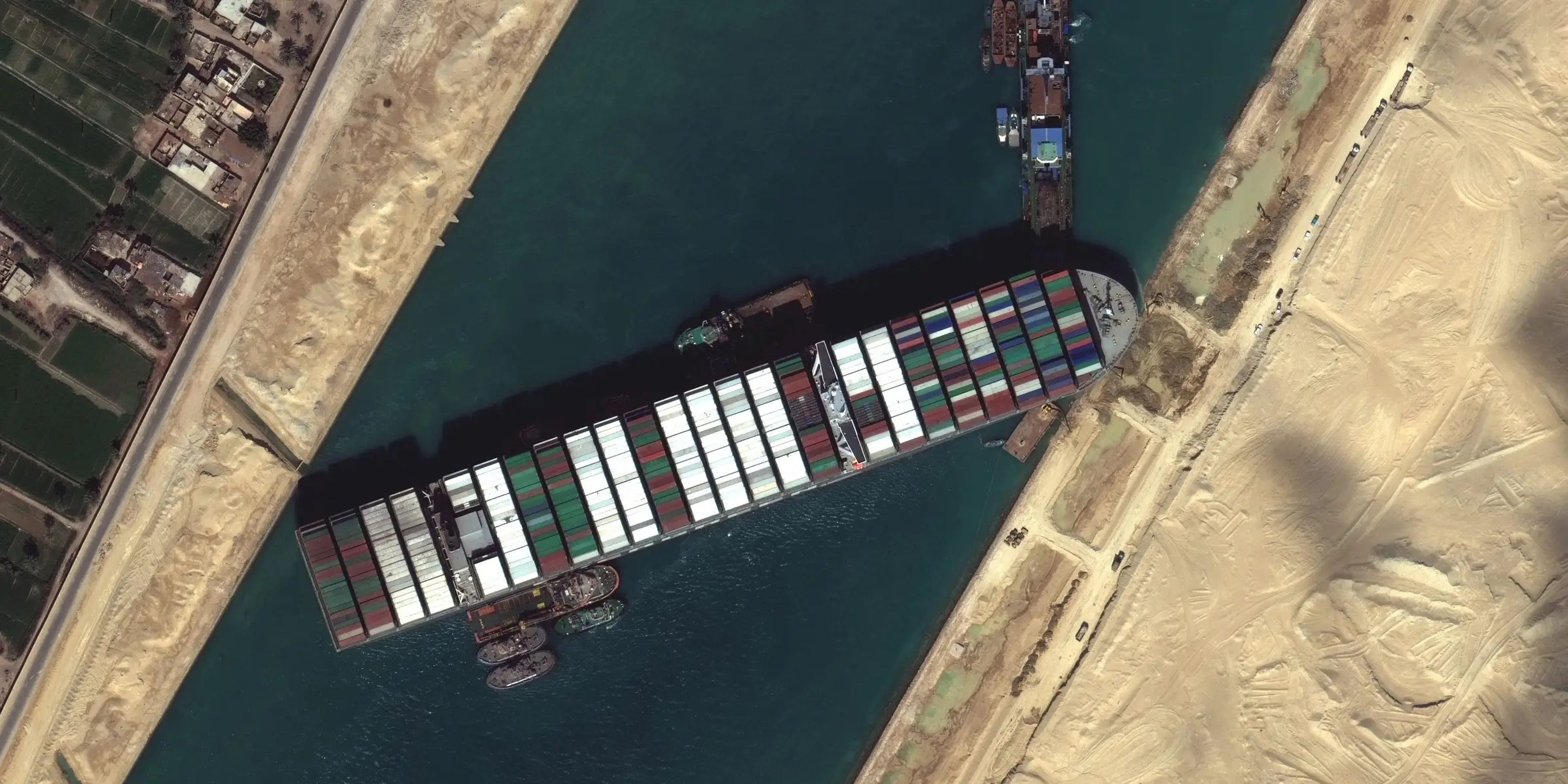 Container ship Ever Given stuck in the Suez Canal, Egypt on March 27, 2021.