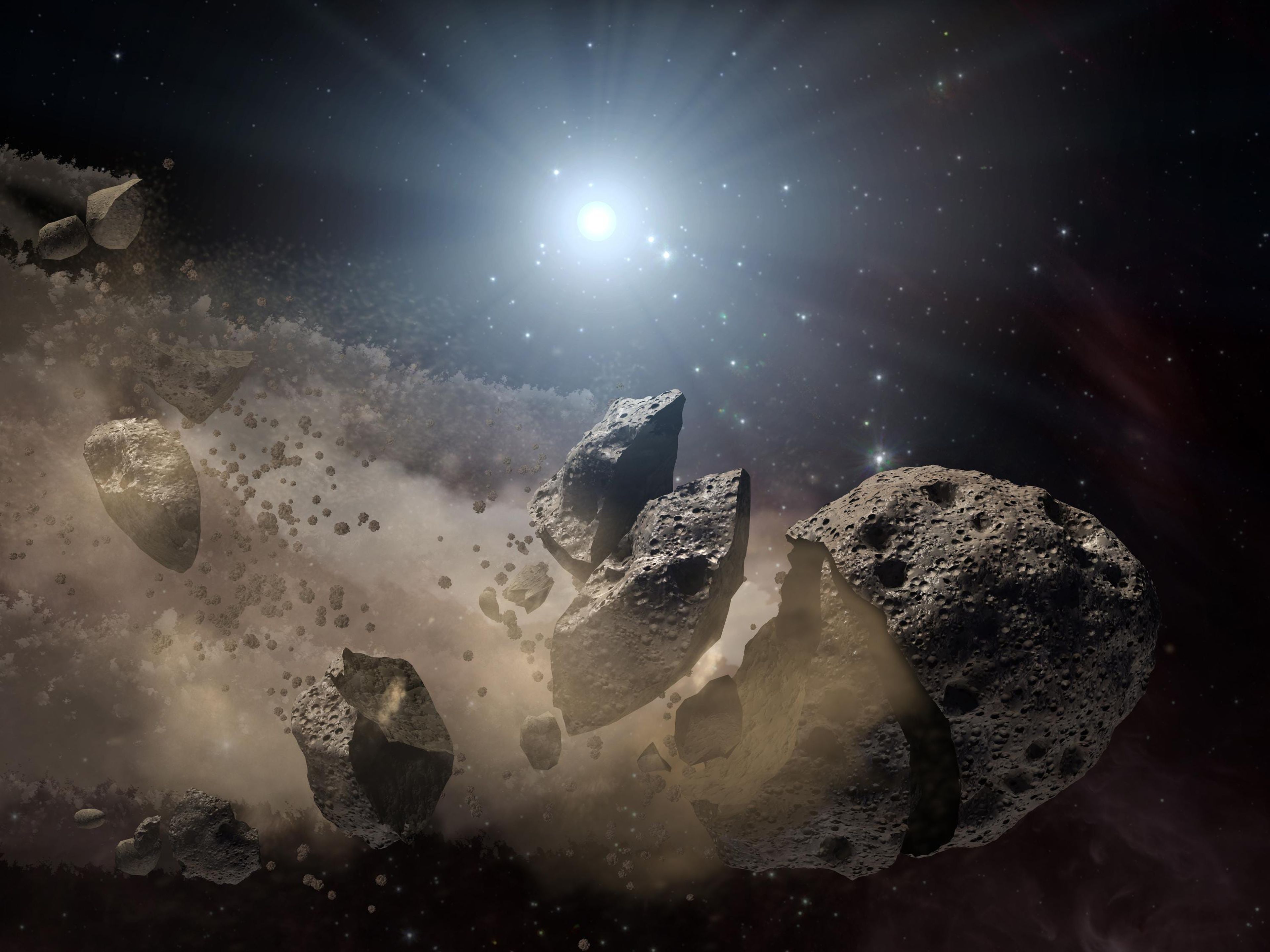 Ilustración artística de la fragmentación de un asteroide.