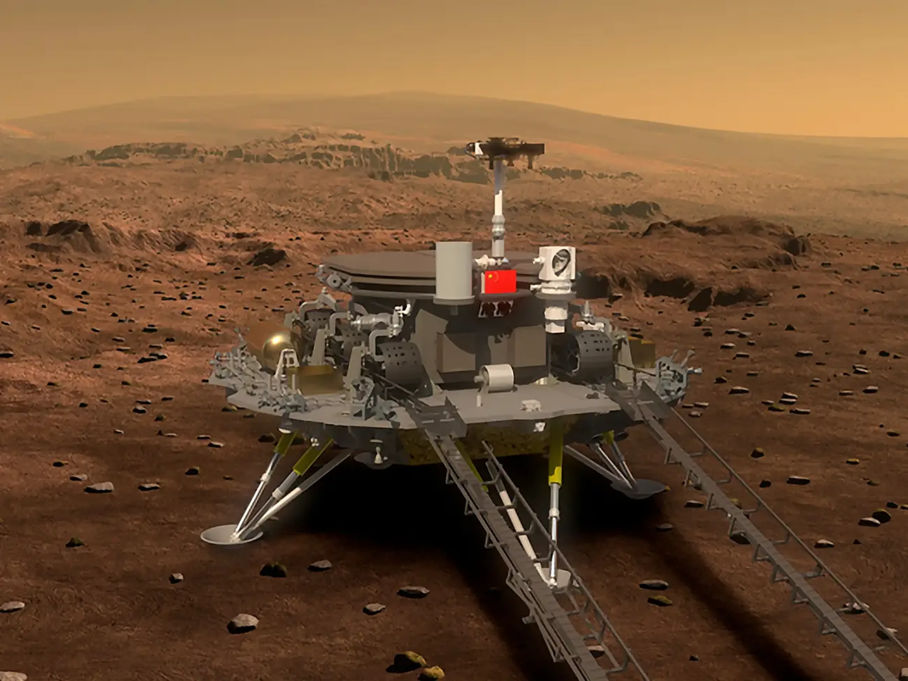Una ilustración del rover chino Zhurong abandonando el módulo de aterrizaje para explorar la superficie de Marte.
