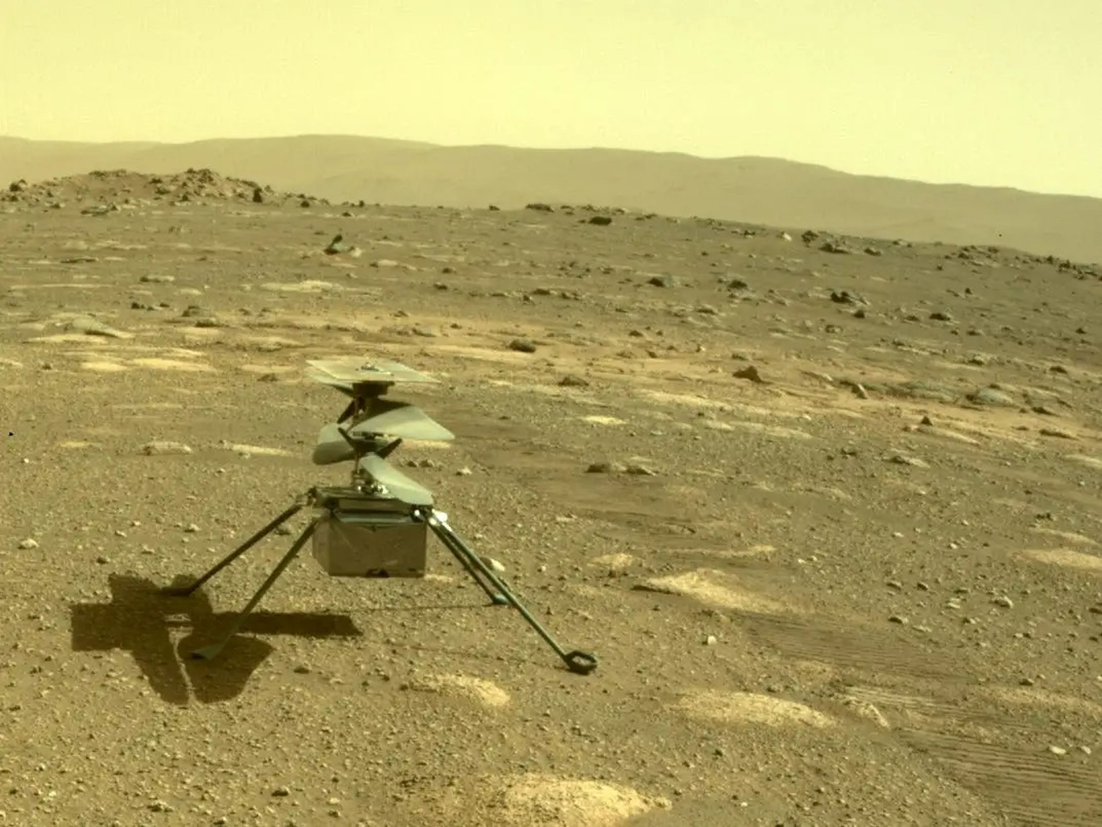 Helicóptero Ingenuity de la NASA, fotografiado en Marte por el rover Perseverance, el 4 de abril de 2021.