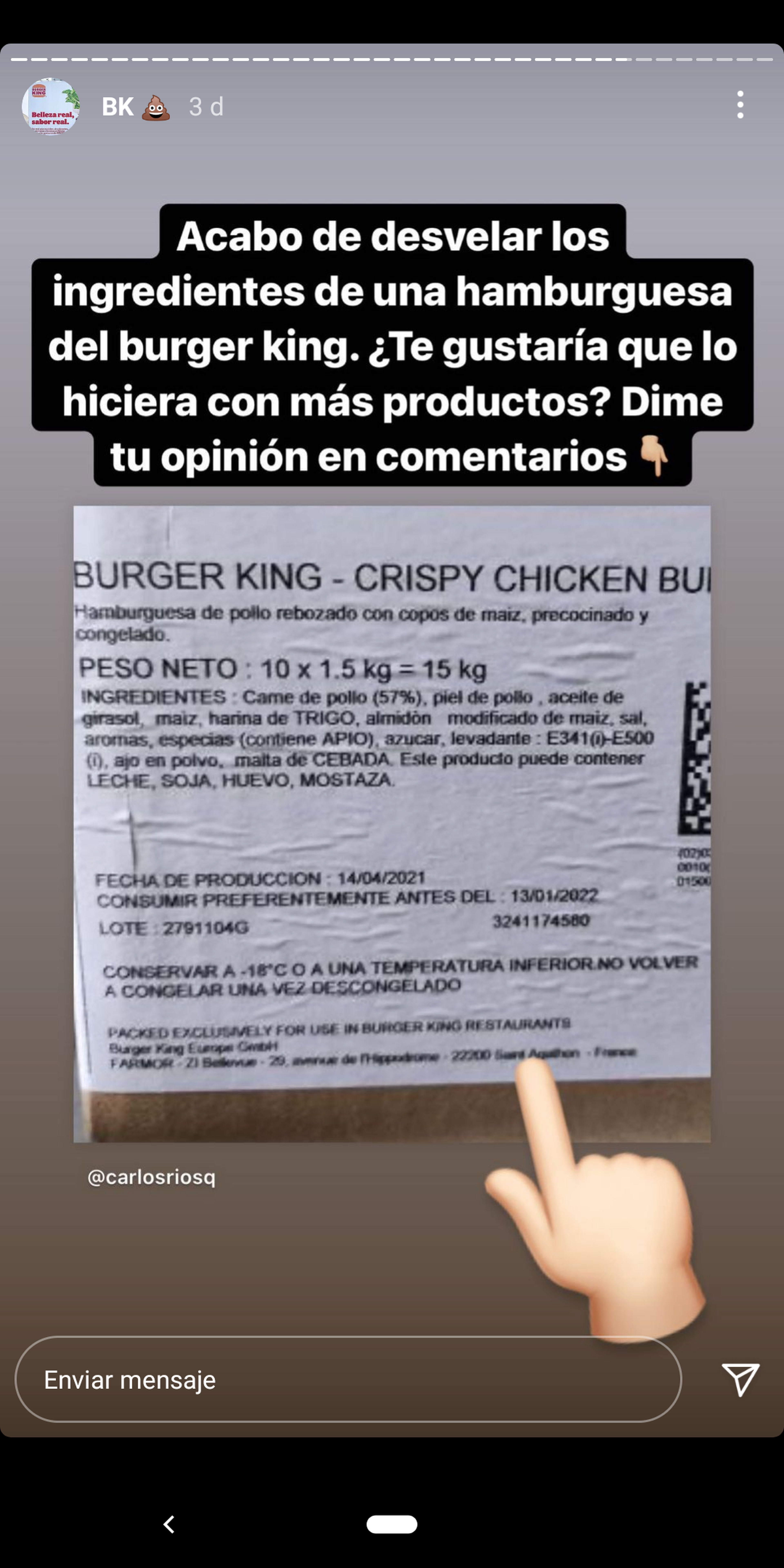 Imagen del Inatgram de Carlos Ríos donde muestra la imagen facilitada por los trabajadores de Burger King.