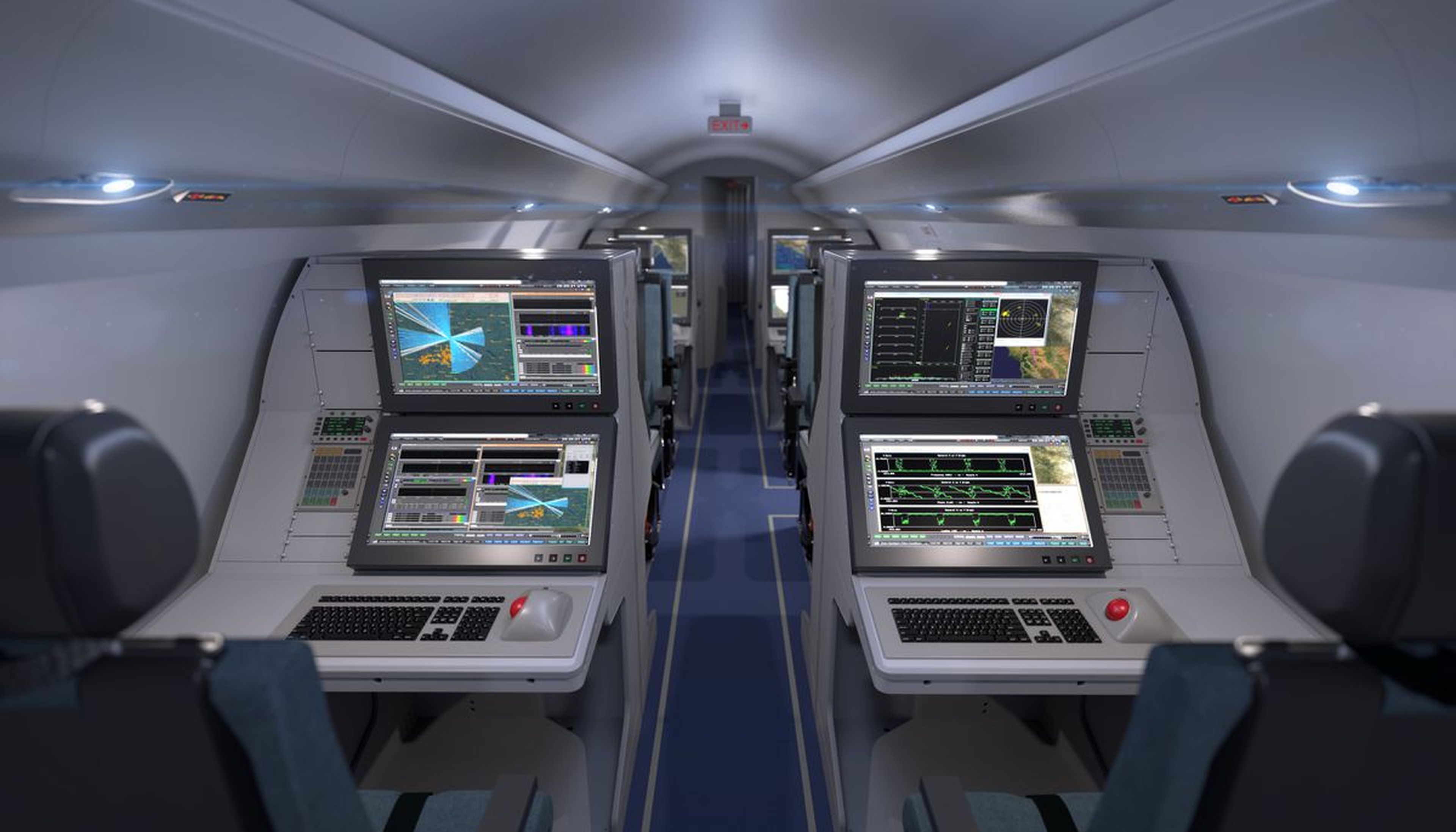 El interior del futuro avión de misión especial ISTAR (Intelligence Surveillance Target Acquisition and Reconnaissance) de Raytheon.