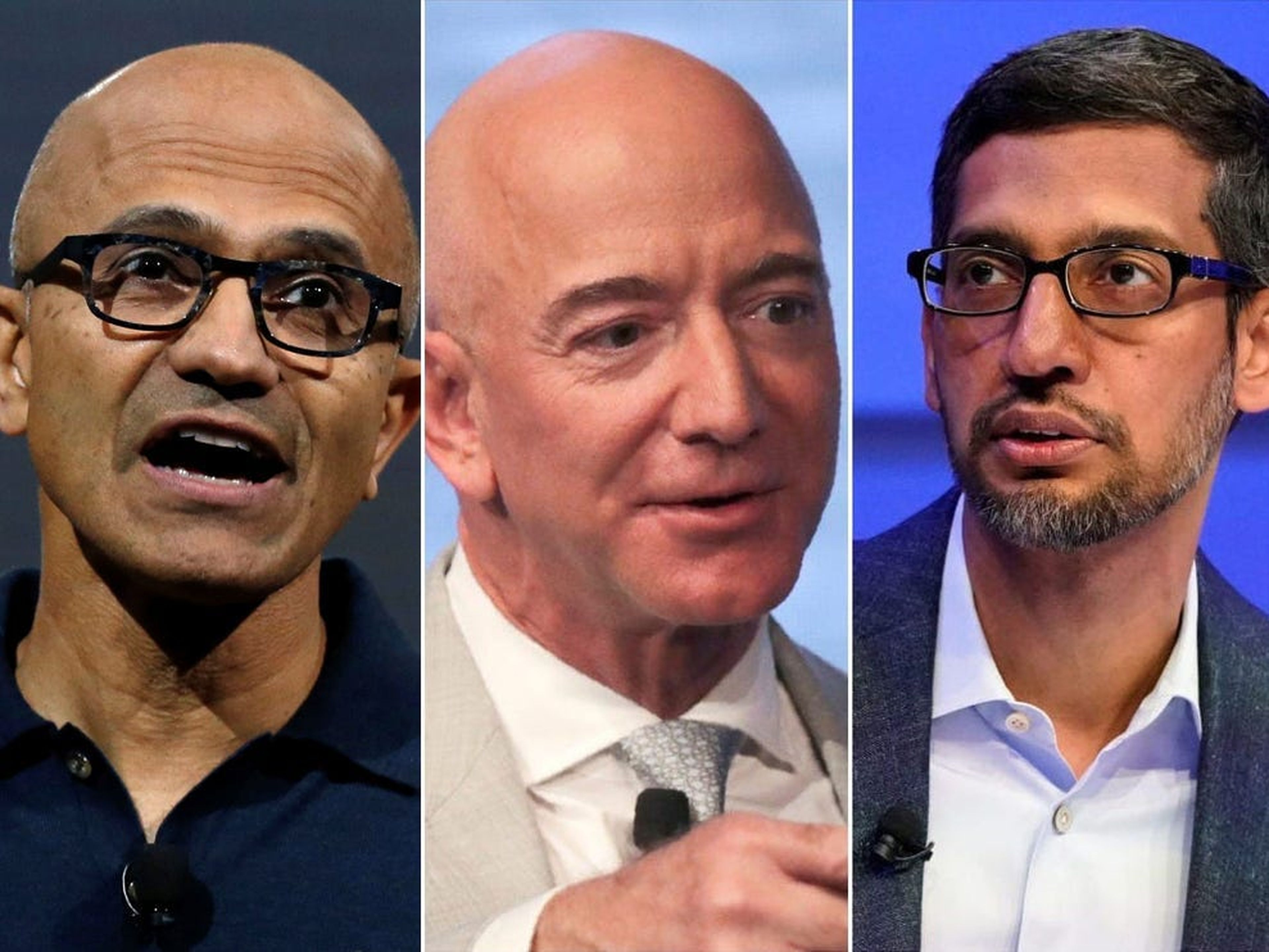Satya Nadella, CEO de Microsoft; Jeff Bezos, CEO de Amazon, y Sundar Pichai, CEO de Google.