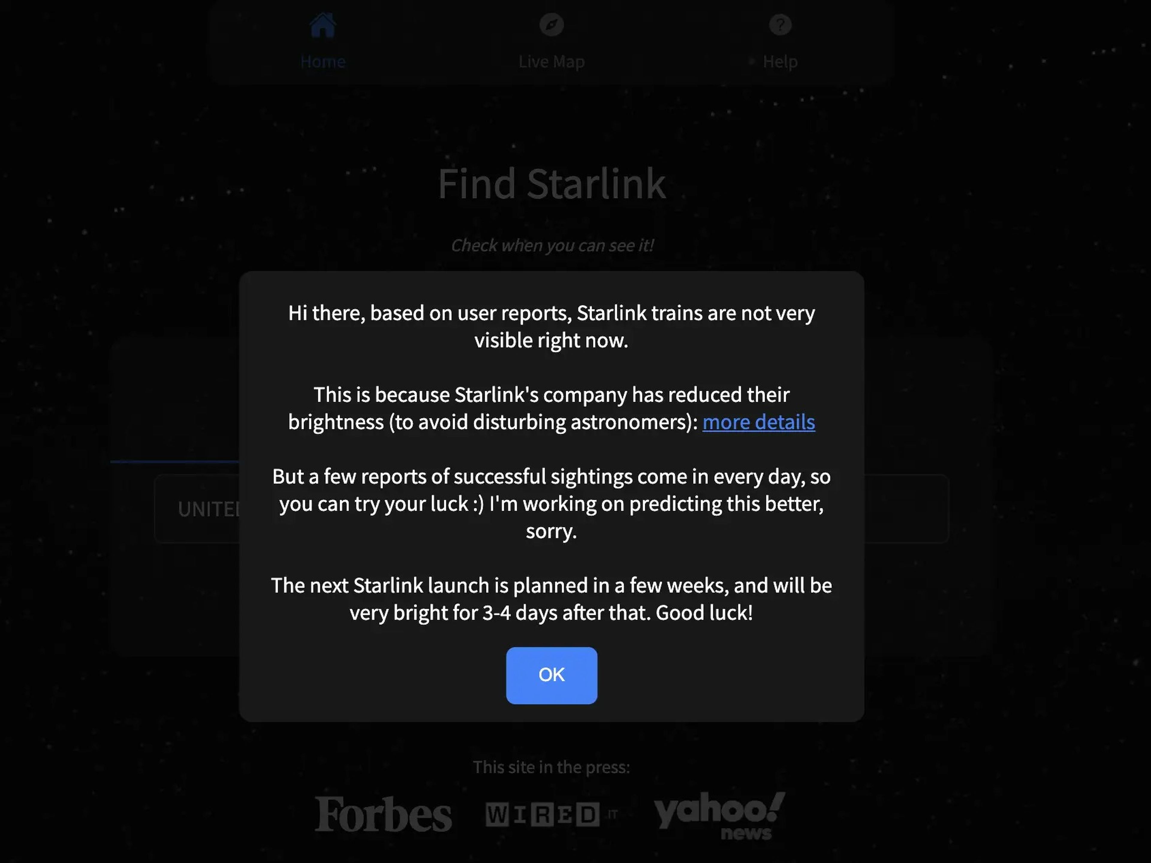 Captura de pantalla del aviso de Find Starlink.