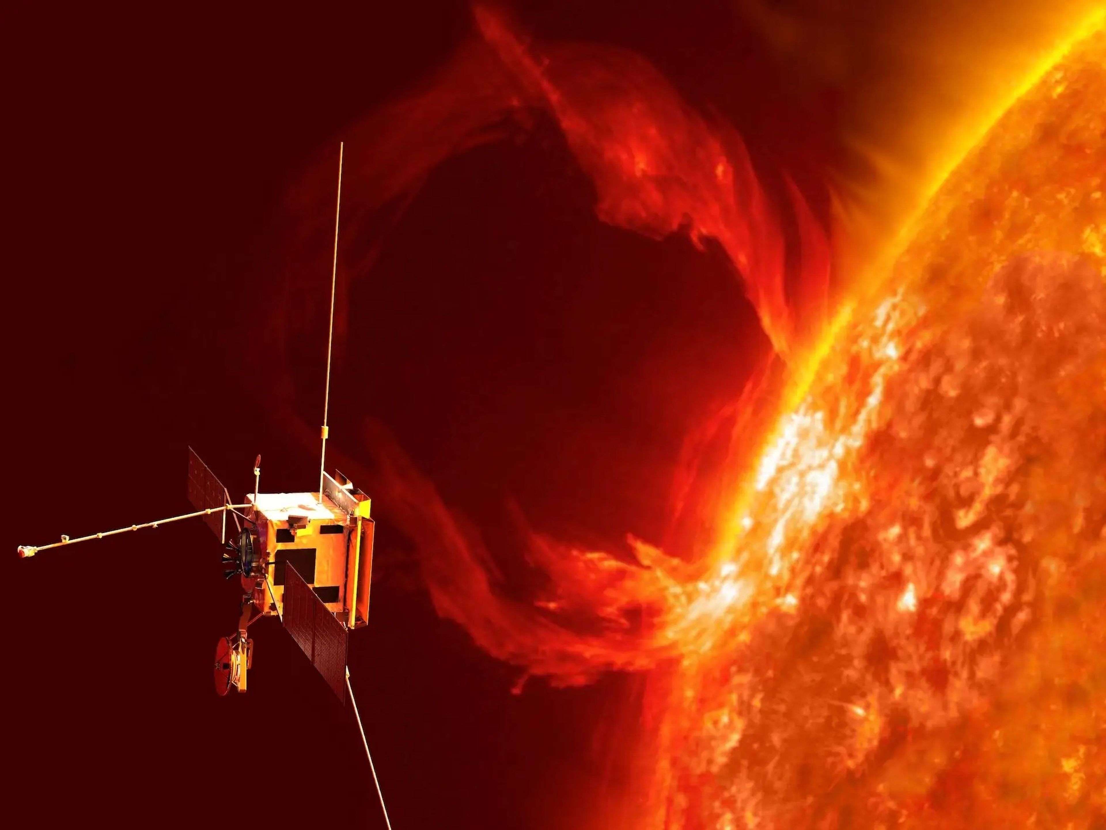 Impresión de un artista del Solar Orbiter observando una erupción en el sol.