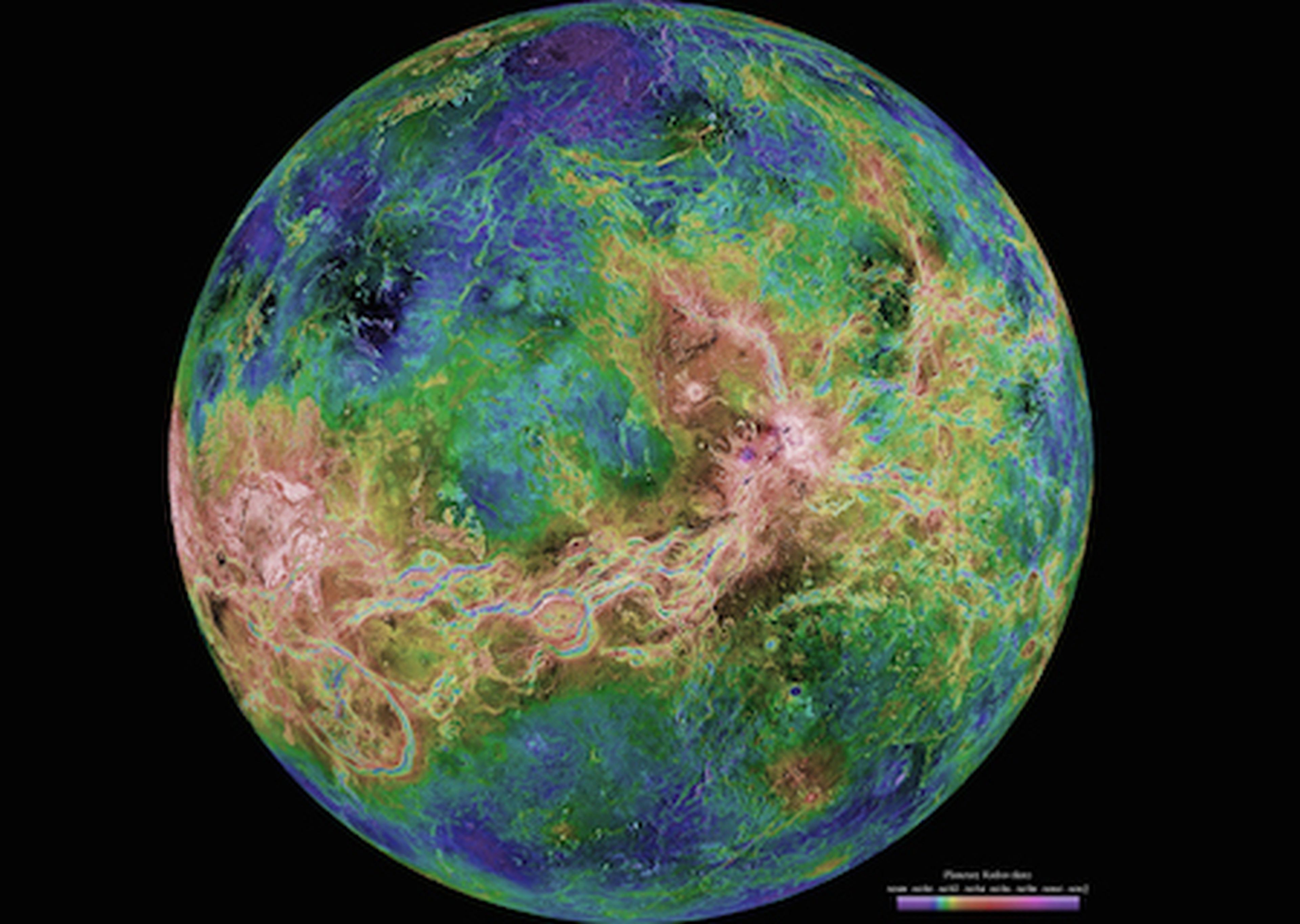 Imágenes tomadas por la sonda Magallanes, con colores modificados que muestran las variaciones en la superficie de Venus.