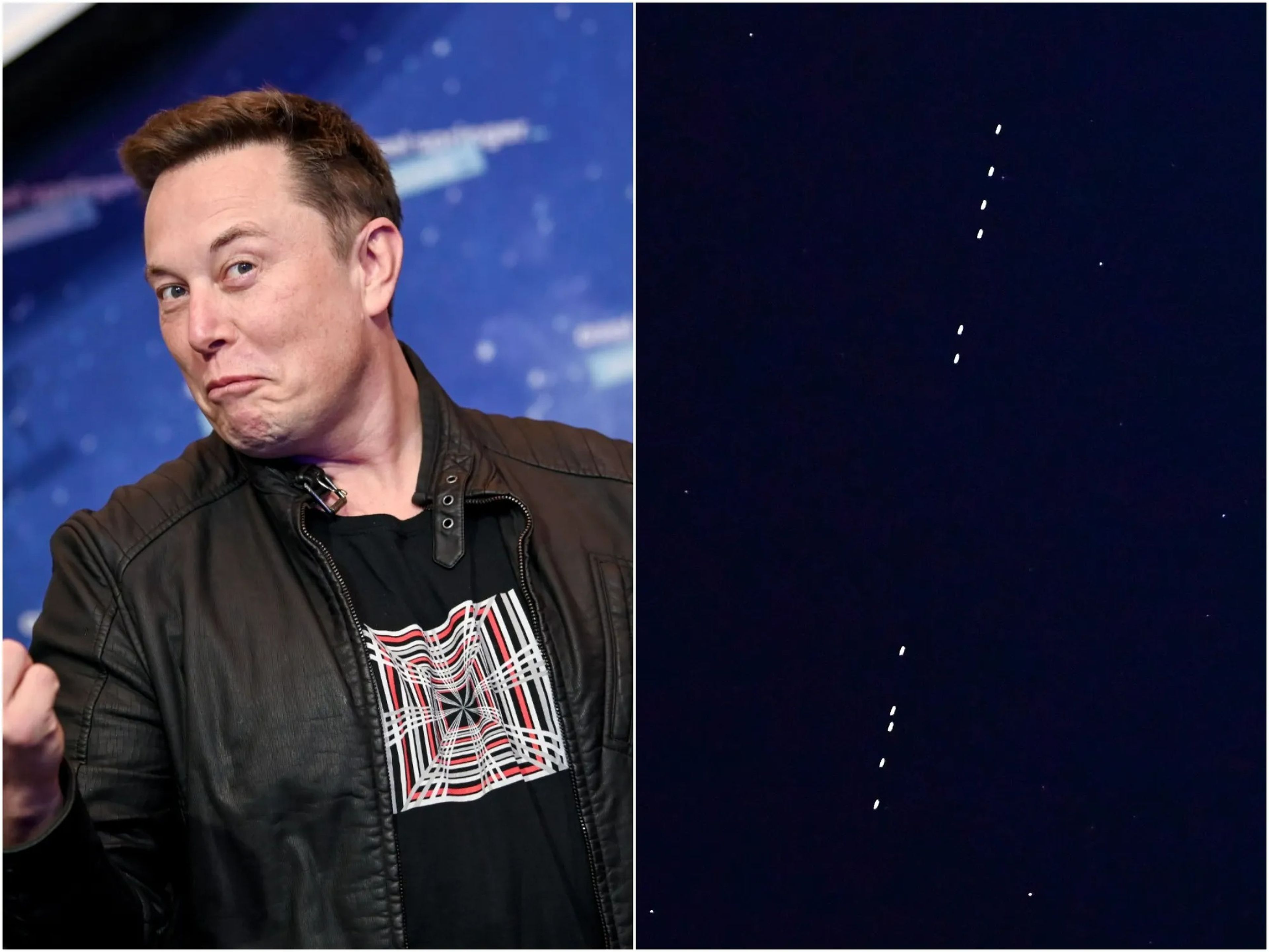 Elon Musk, CEO y fundador de SpaceX, junto a los satélites Starlink en el cielo nocturno.