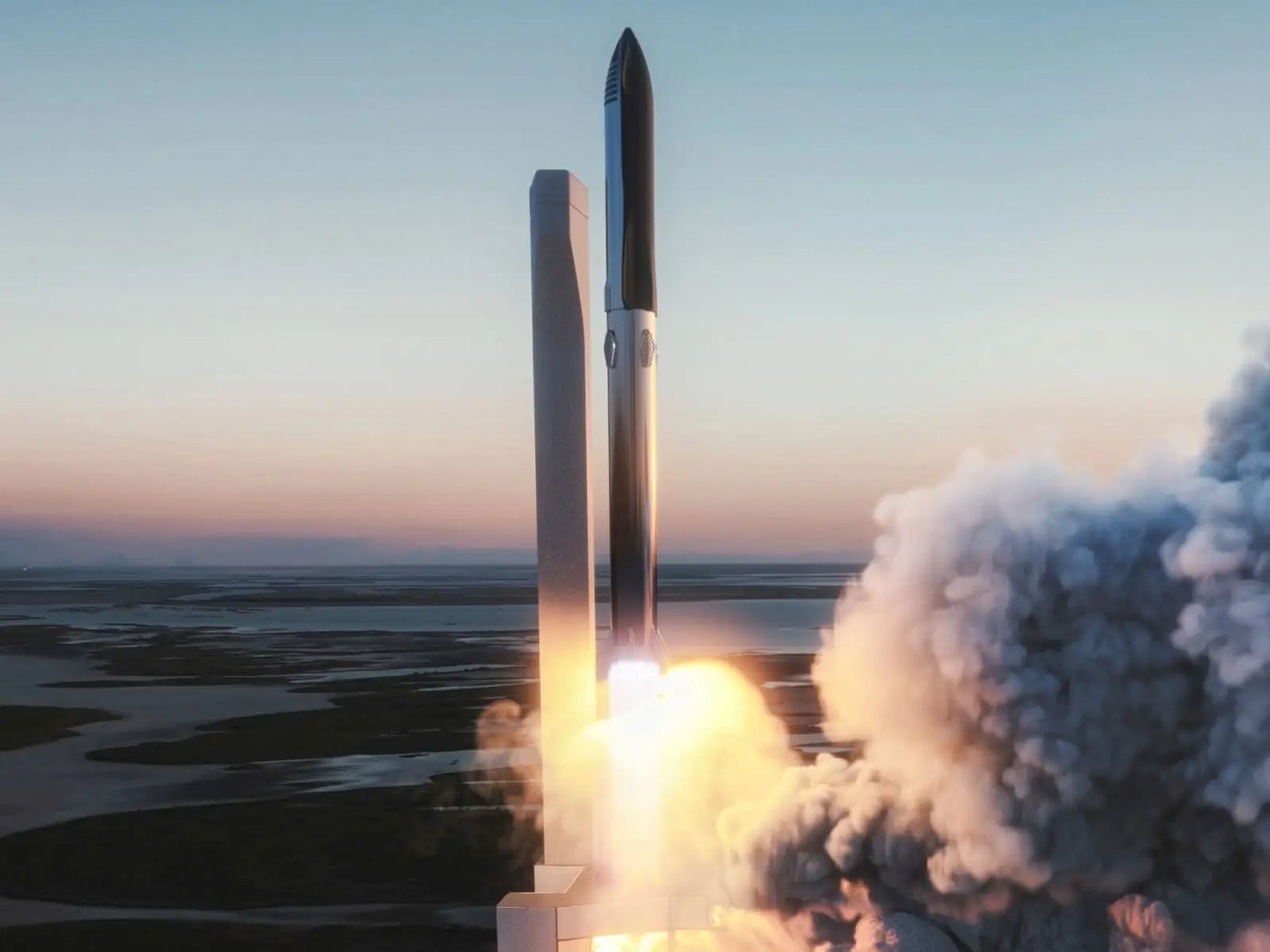 Una ilustración del sistema de cohetes Starship de 39 pisos planeado por SpaceX que se lanza desde Boca Chica, Texas (Estados Unidos).