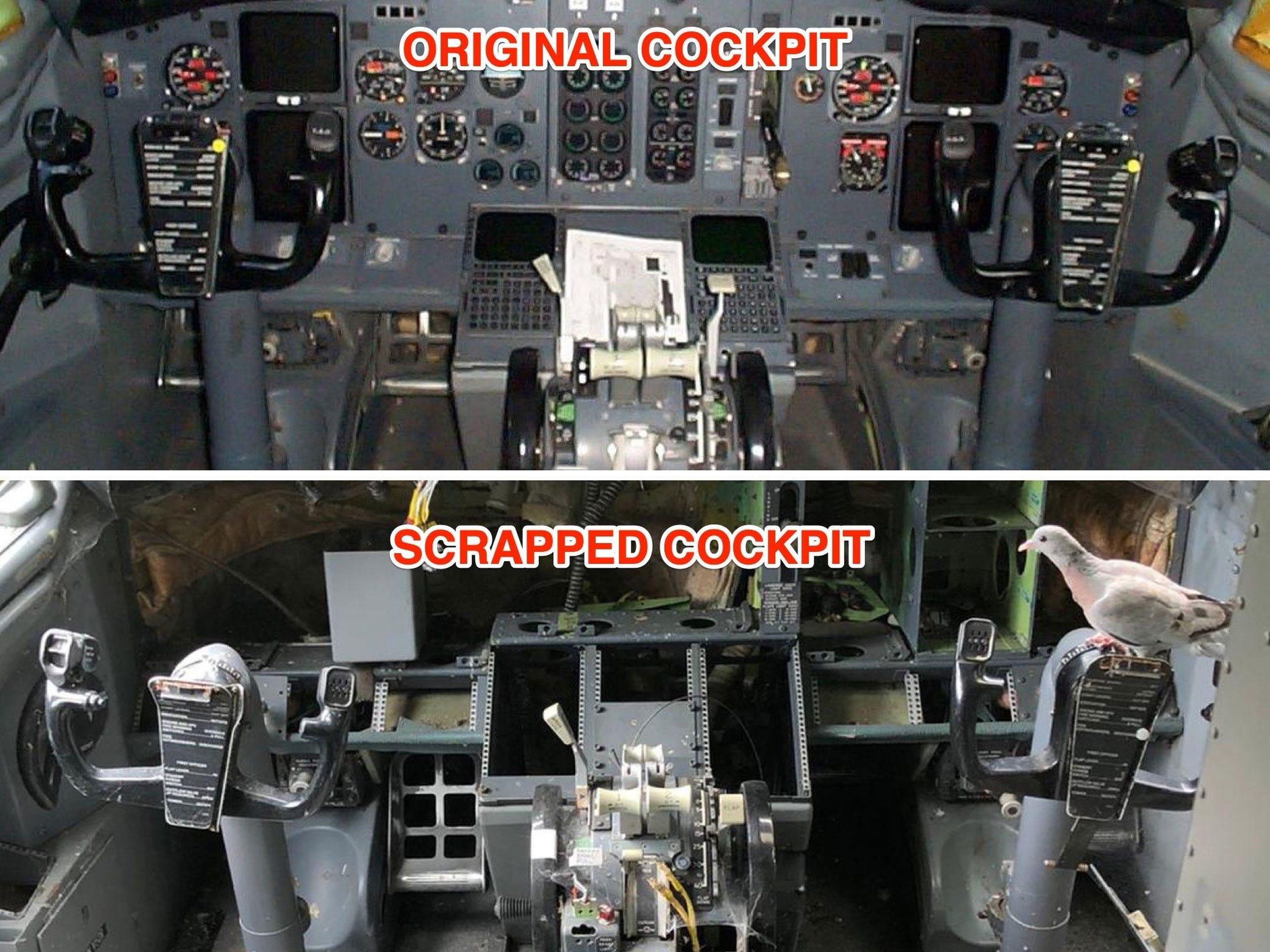 Izquierda: Cabina BMI Baby. Derecha: La cabina desguazada del Boeing 737 de Jones.