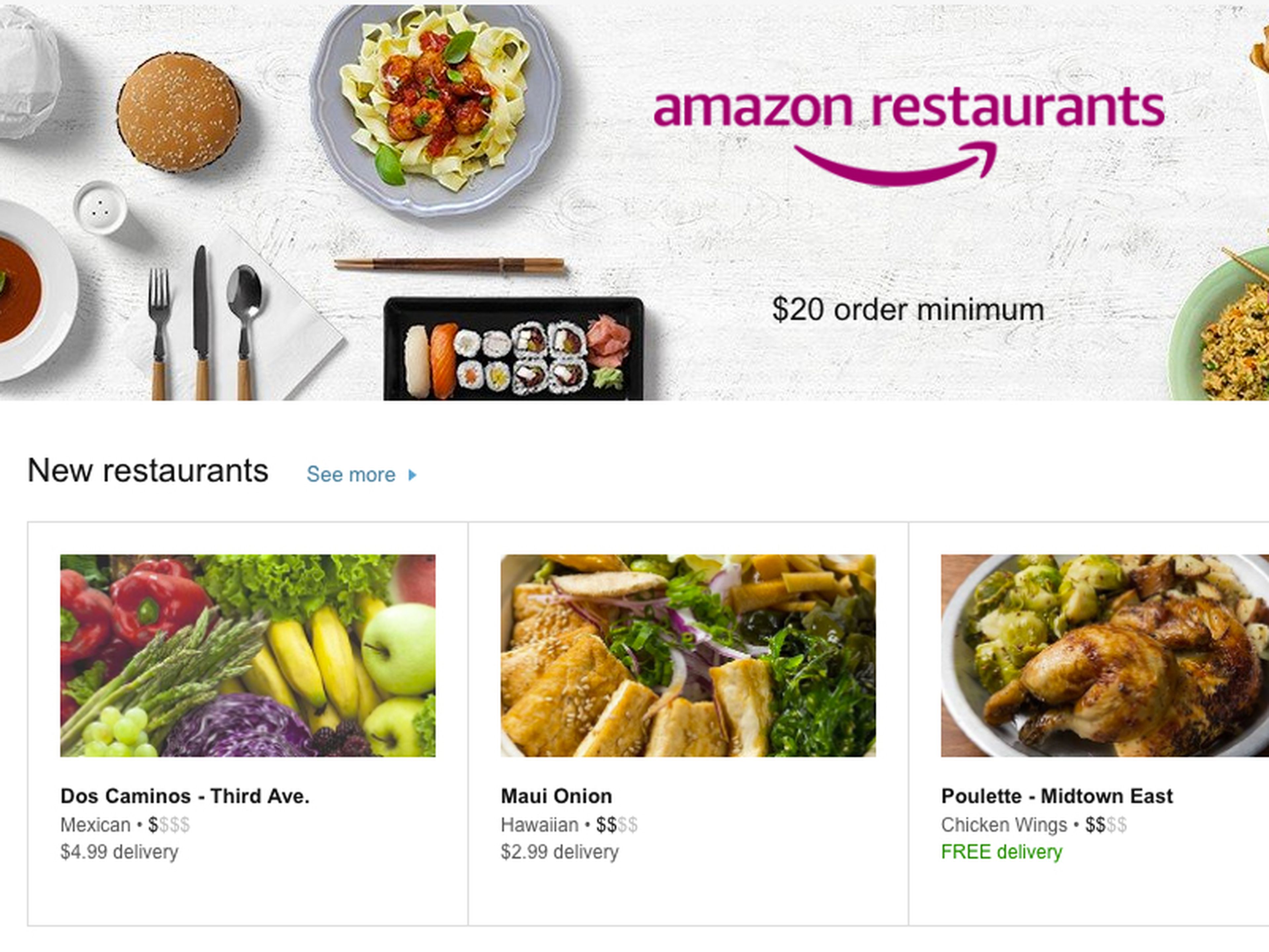Página de inicio de Amazon Restaurants.