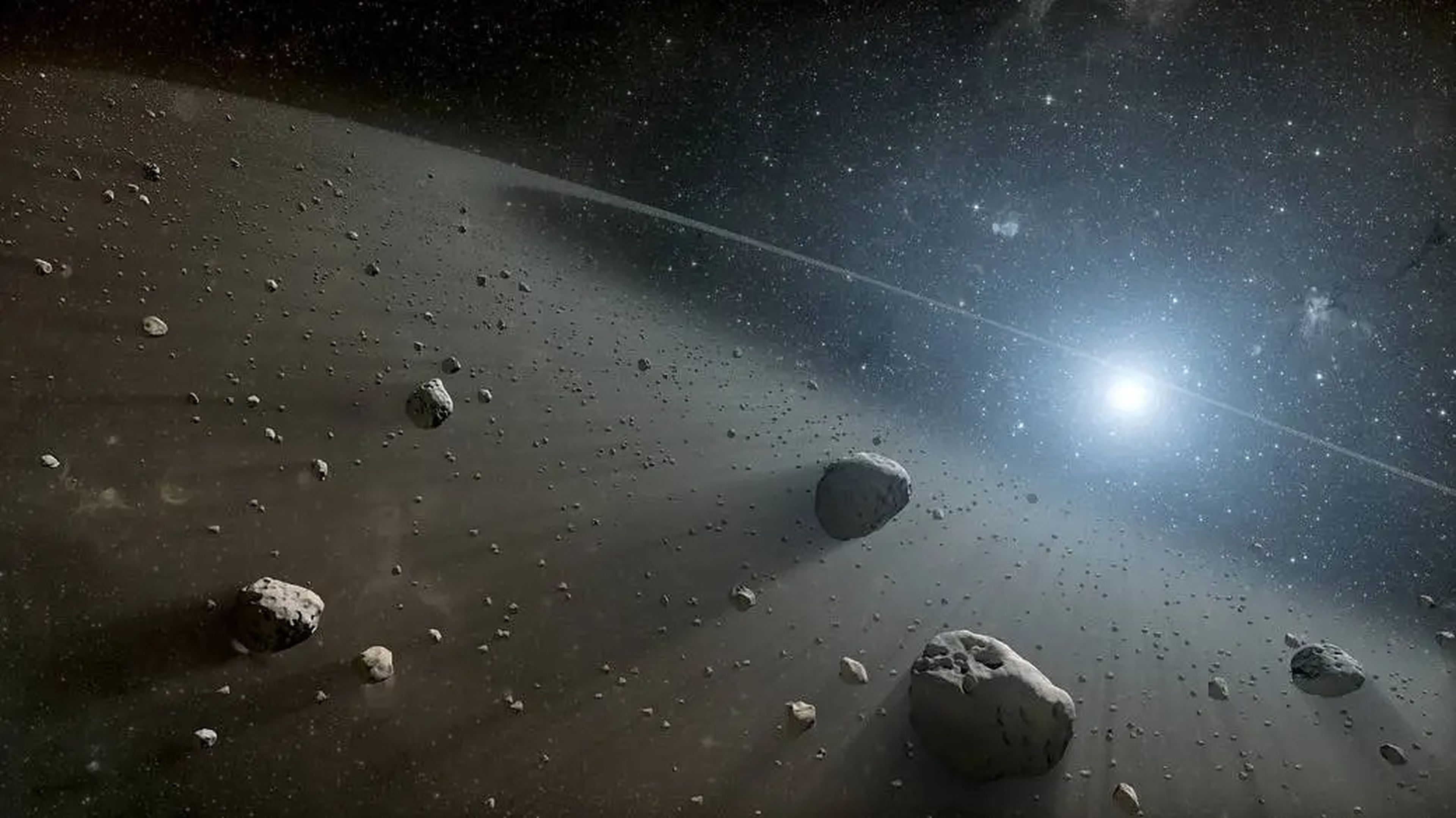 An artist's concept of an asteroid belt.