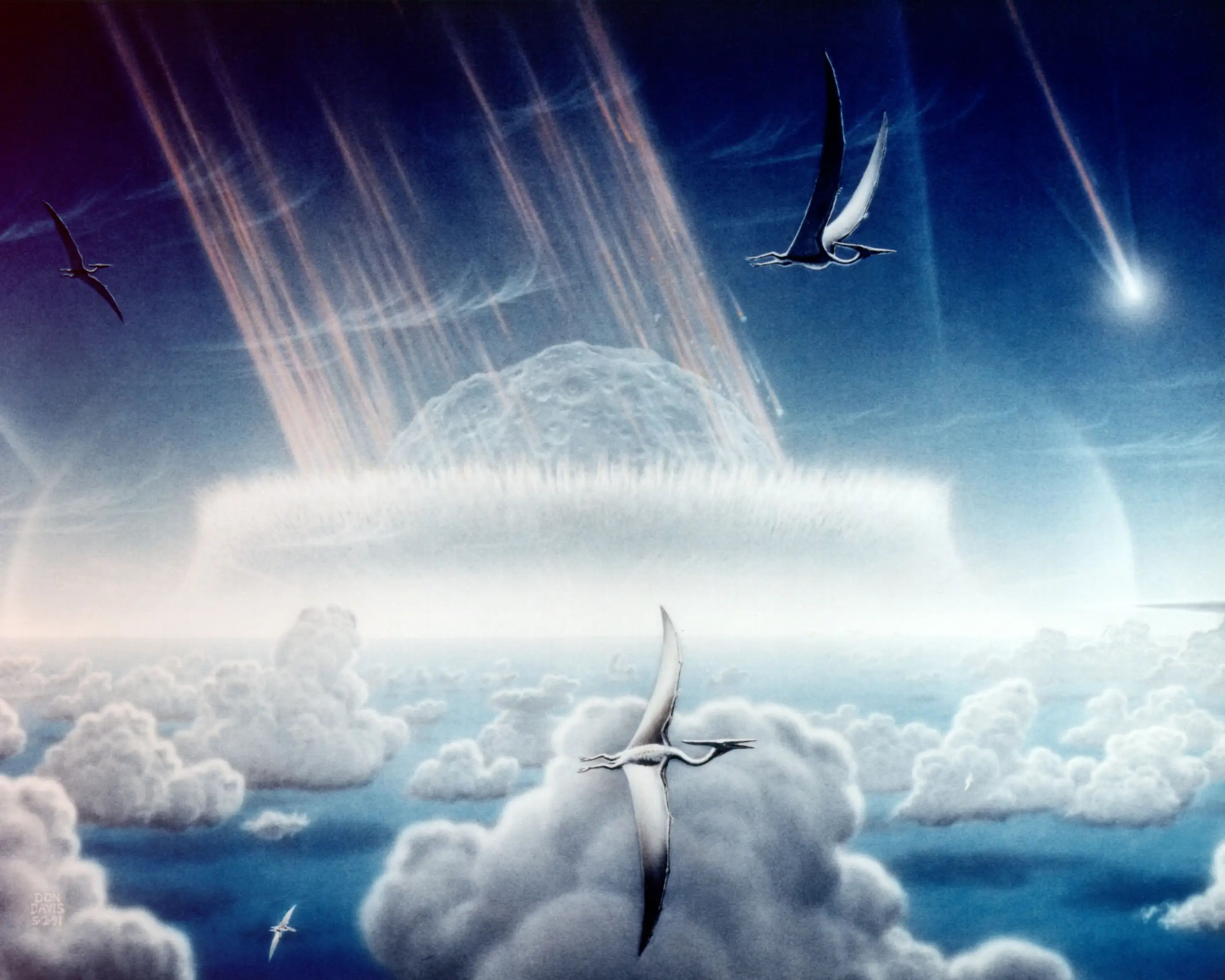 Pintura que muestra un asteroide chocando contra mares poco profundos de la Península De Yucatán, al sureste de México. Las secuelas de la colisión de asteroides hace 65 millones de años habrían causado la extinción de dinosaurios y otras especies.