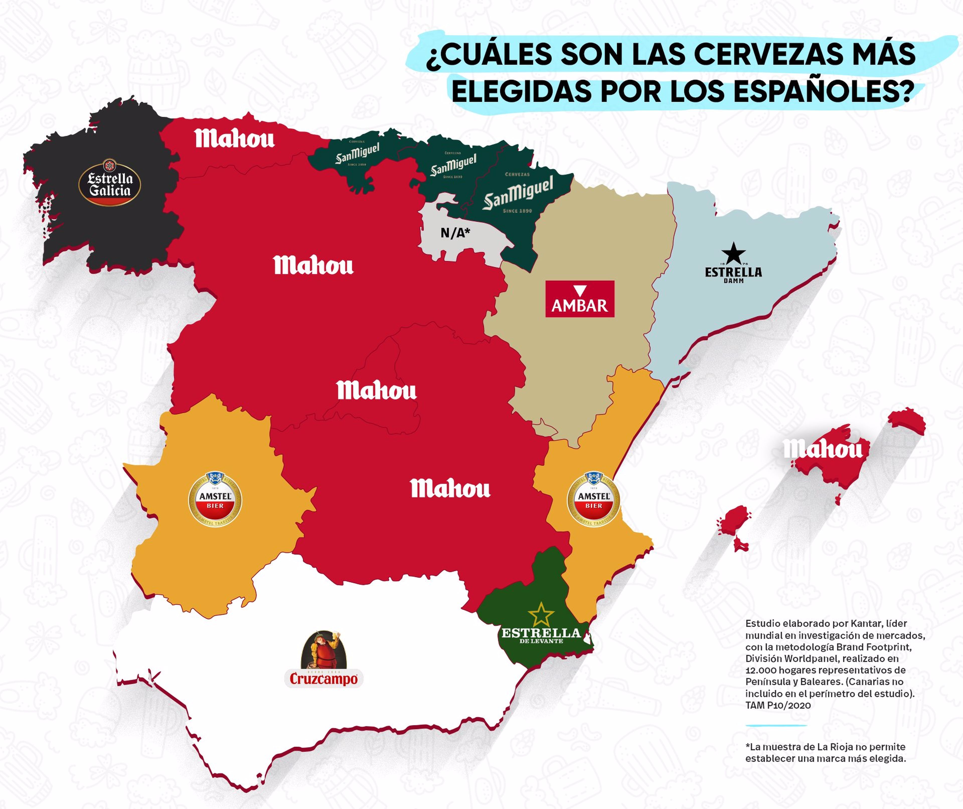 Mapa de España con las cervezas más consumidas en cada comunidad autónoma.