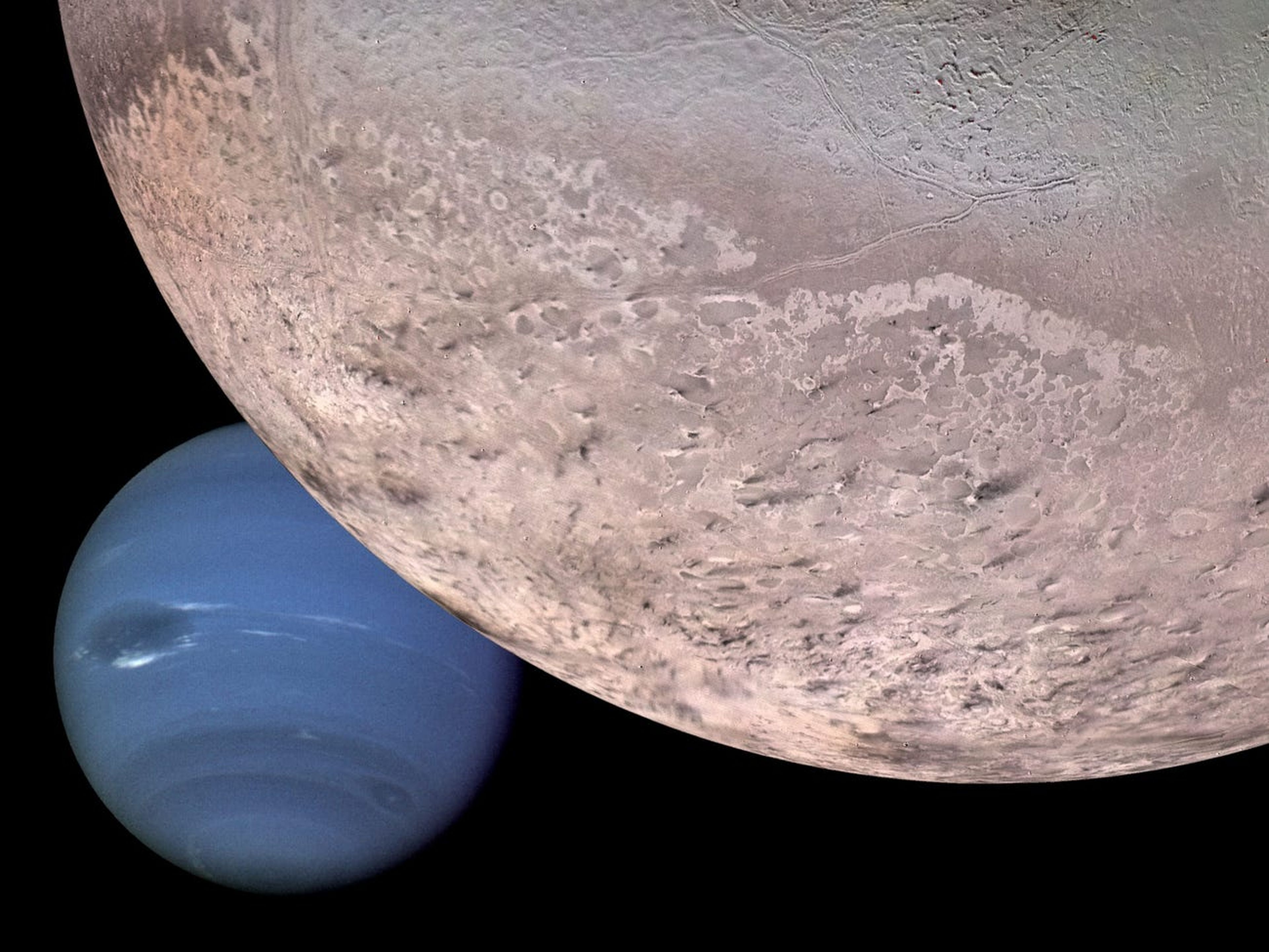 A computer generated montage shows Neptune as it would appear from a spacecraft approaching Triton, Neptune's largest moon.