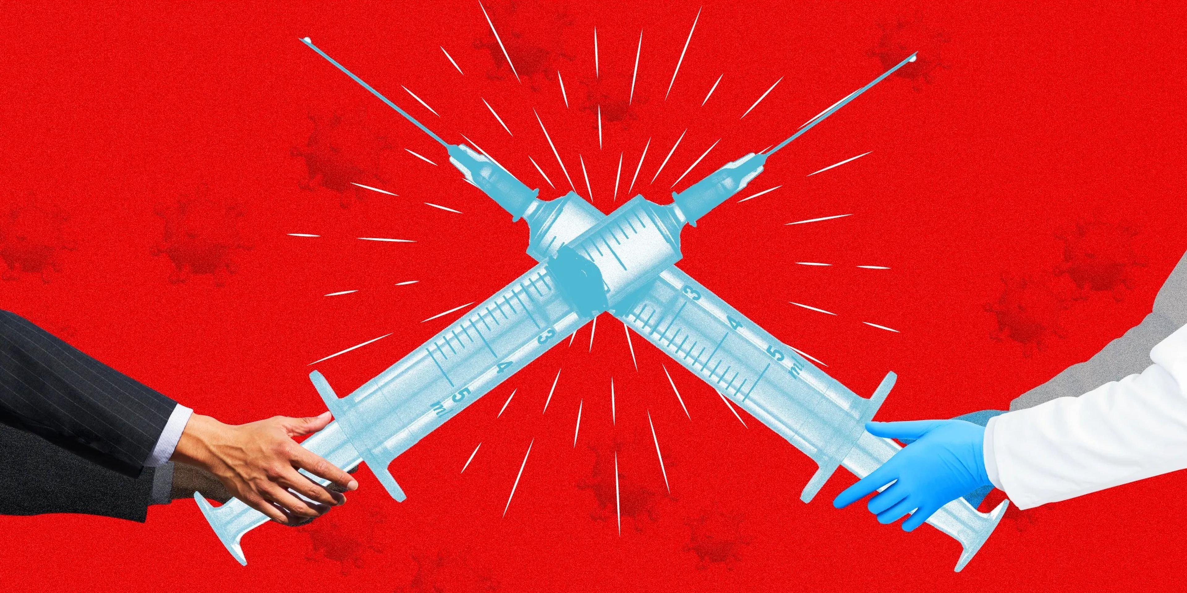 Two oversized vaccine syringes clashing each other like swords, one held by arms of a business person and the other by arms of a doctor, on top of a red background with coronaviruses