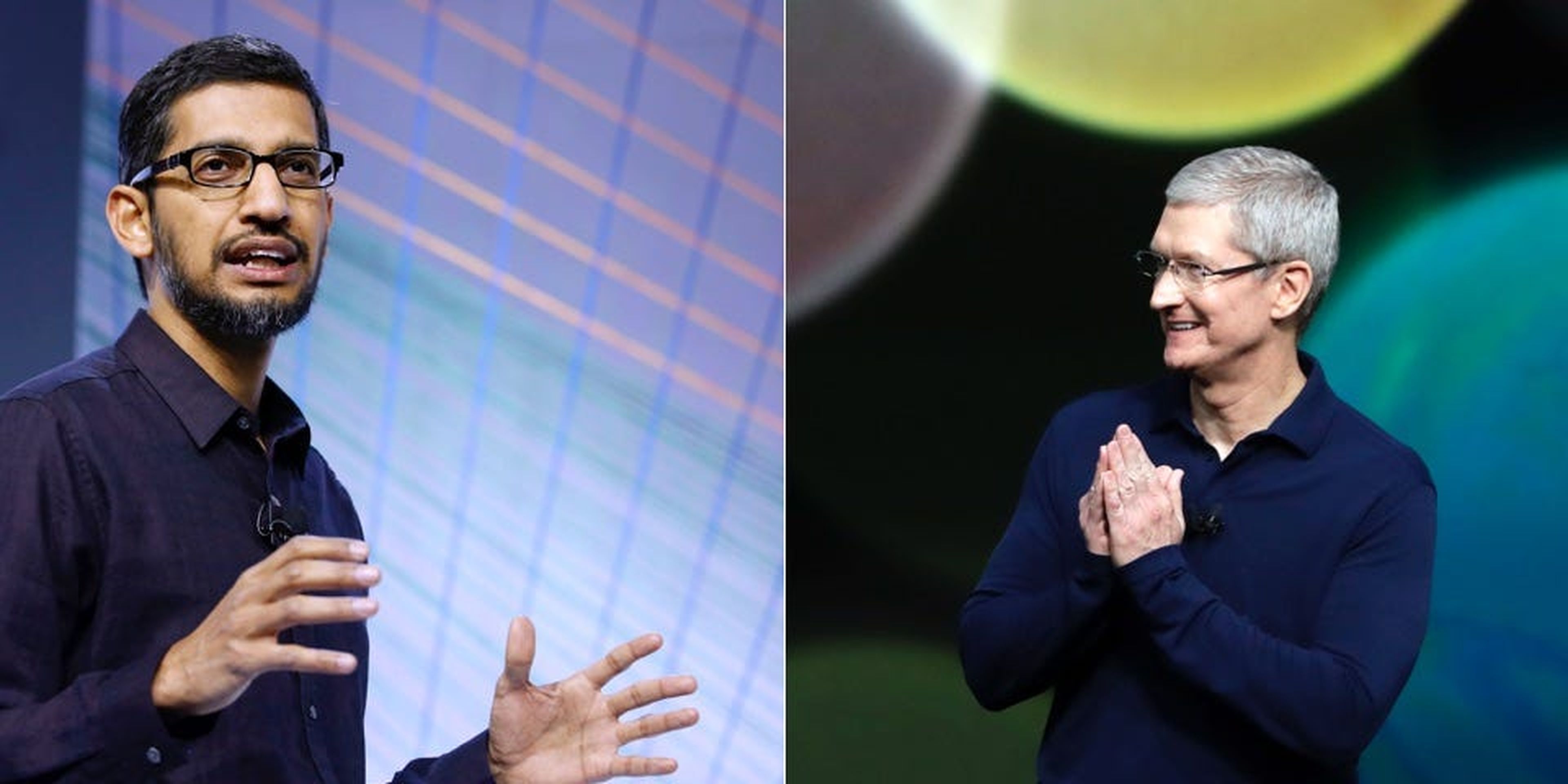 Sundar Pichai, CEO de Google a la izquierda y Tim Cook, CEO de Apple a la derecha.
