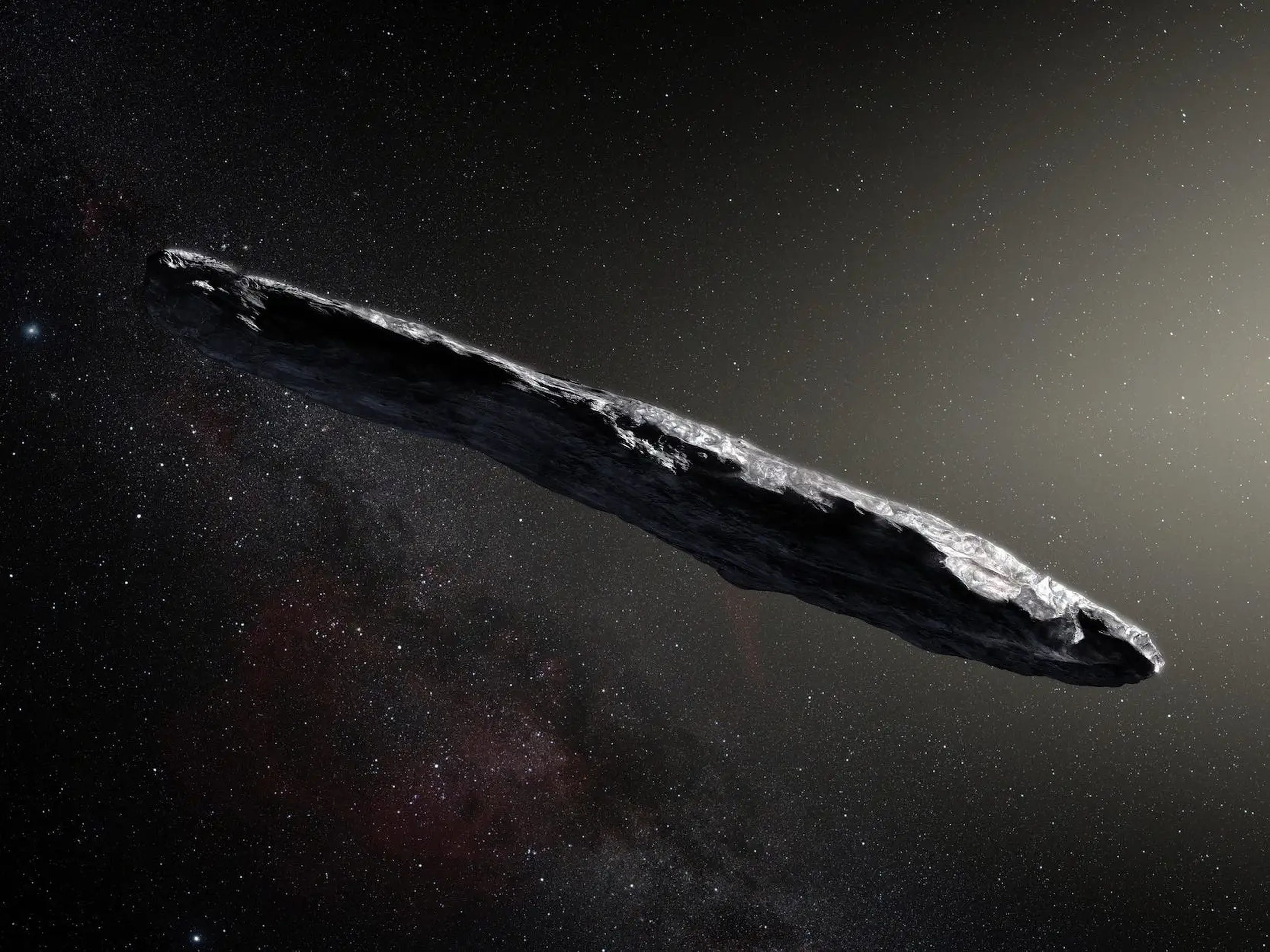 Ilustración de un artista del objeto interestelar Oumuamua.