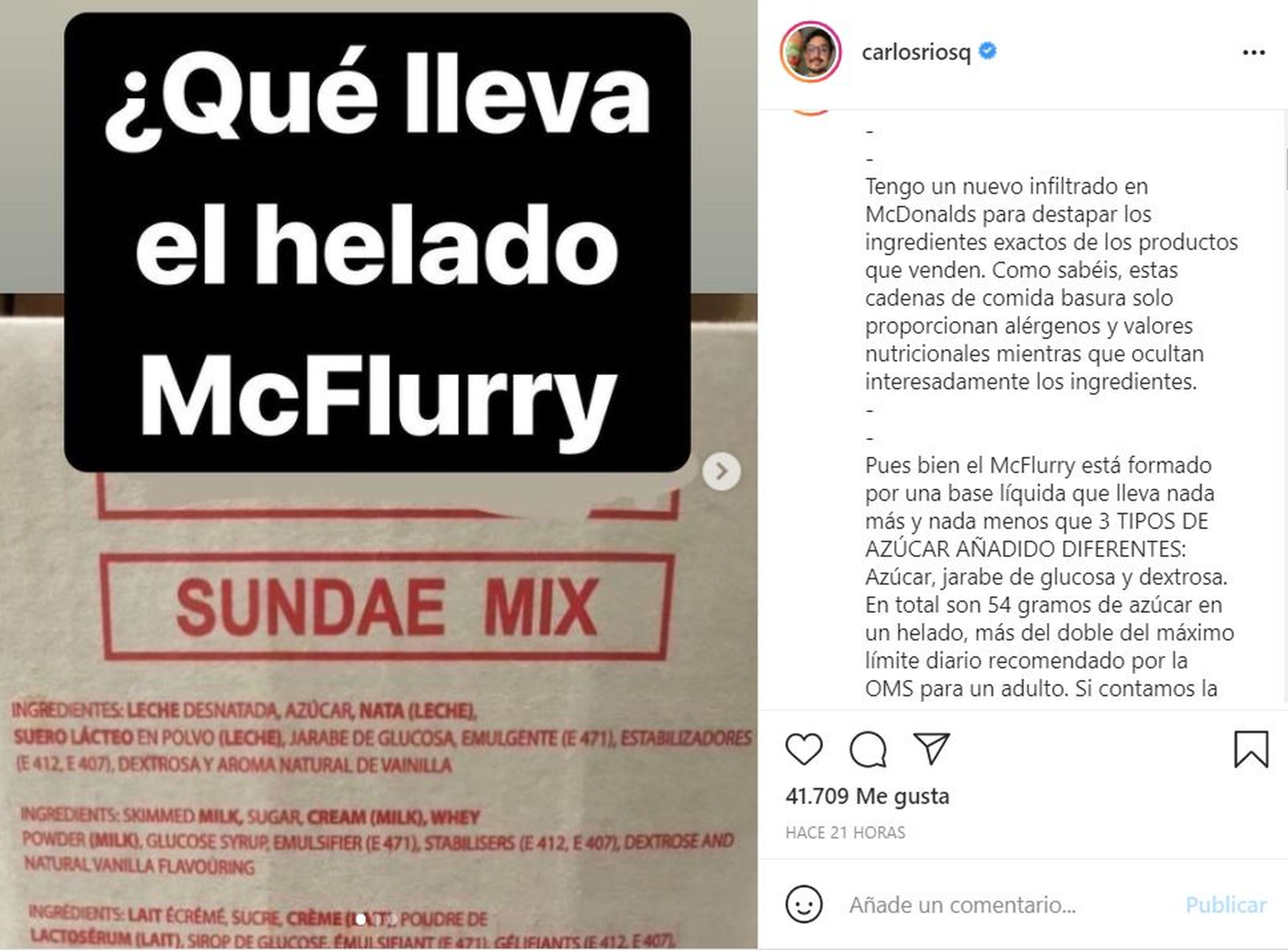 Captura de la publicación de Carlos Ríos sobre la composición y elaboración de los McFlurry de McDonald's.