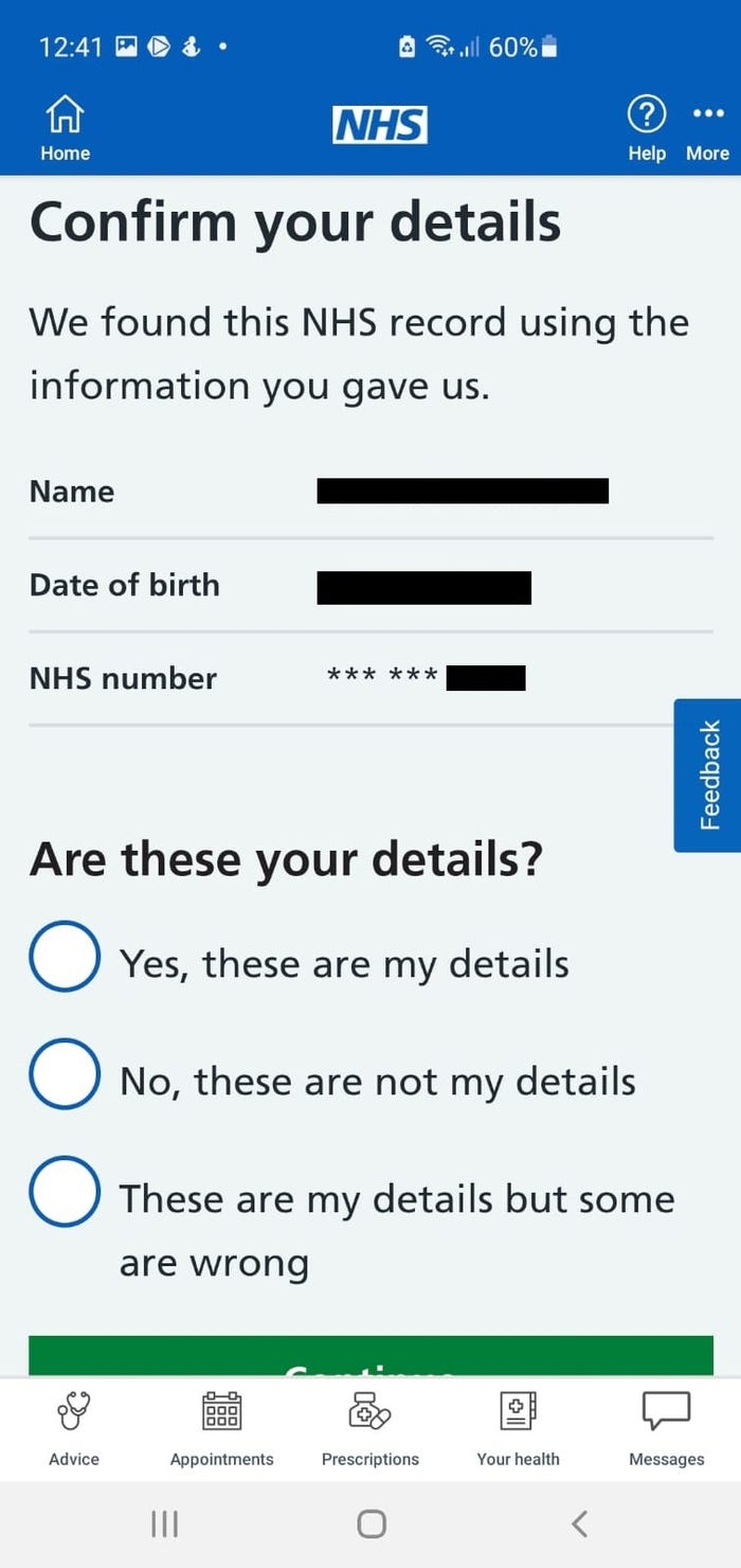 La aplicación pide al usuario confirmar su identidad.