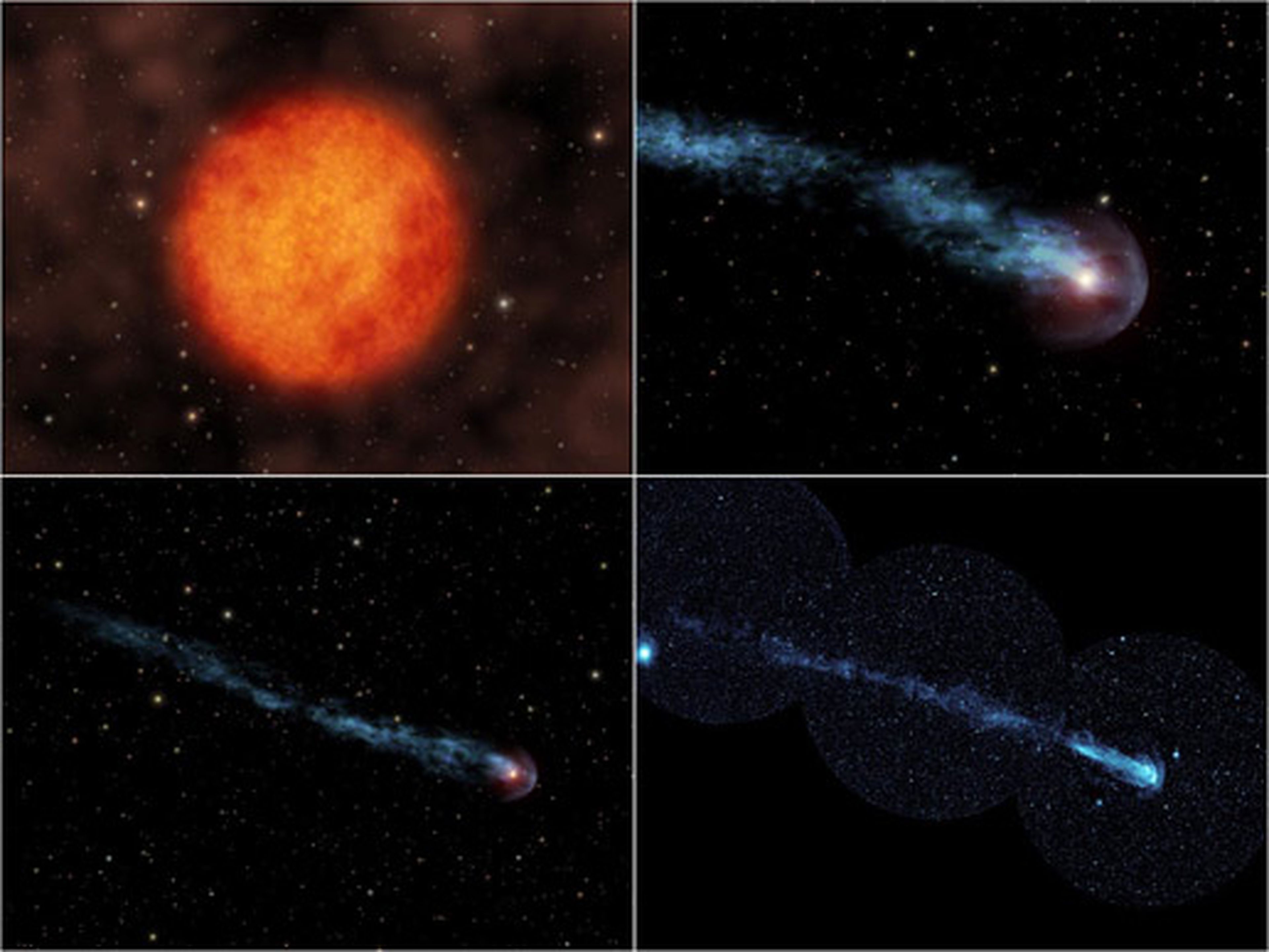 Ilustración de la estrella variable Mira Ceti, junto al material expulsado con su movimiento.